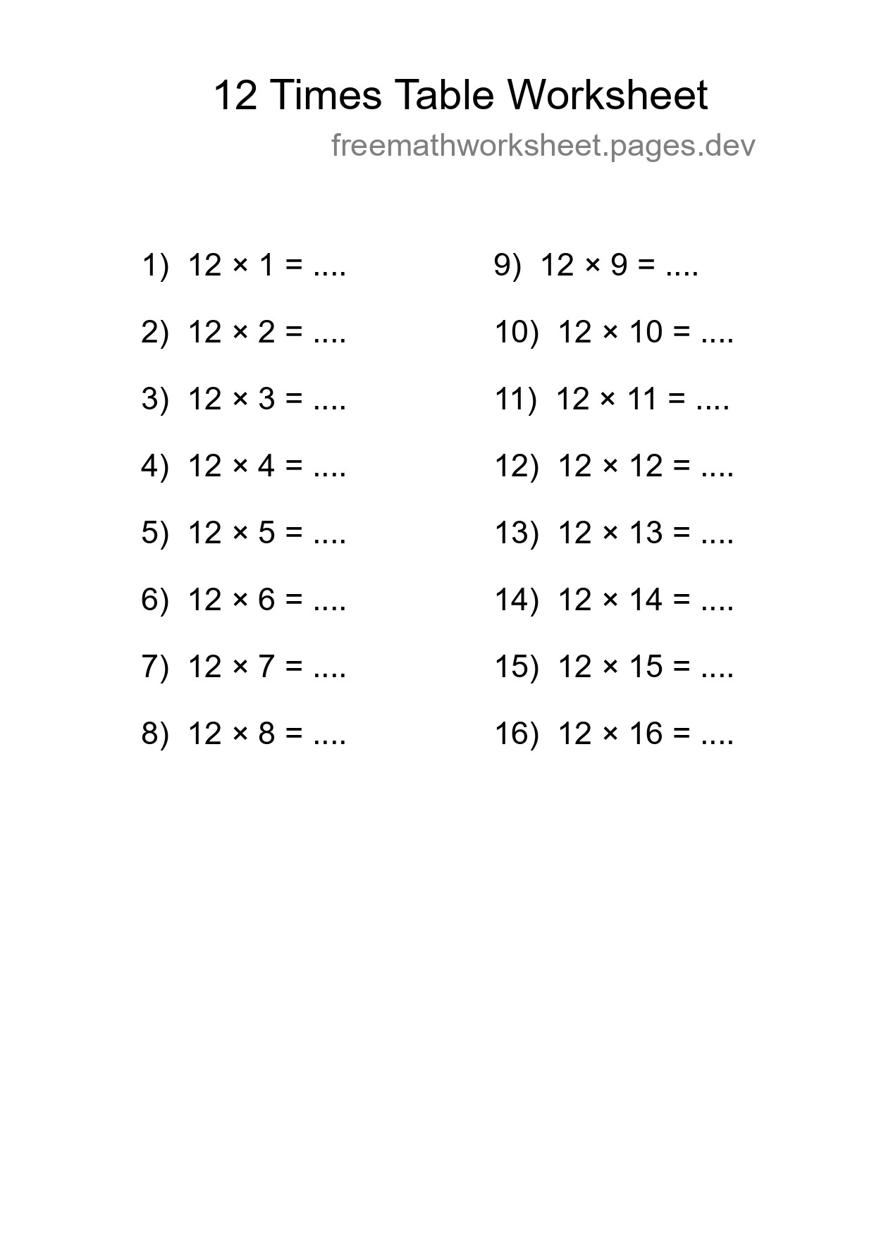 12 Times Table Worksheet For Grade 4 - Part 209