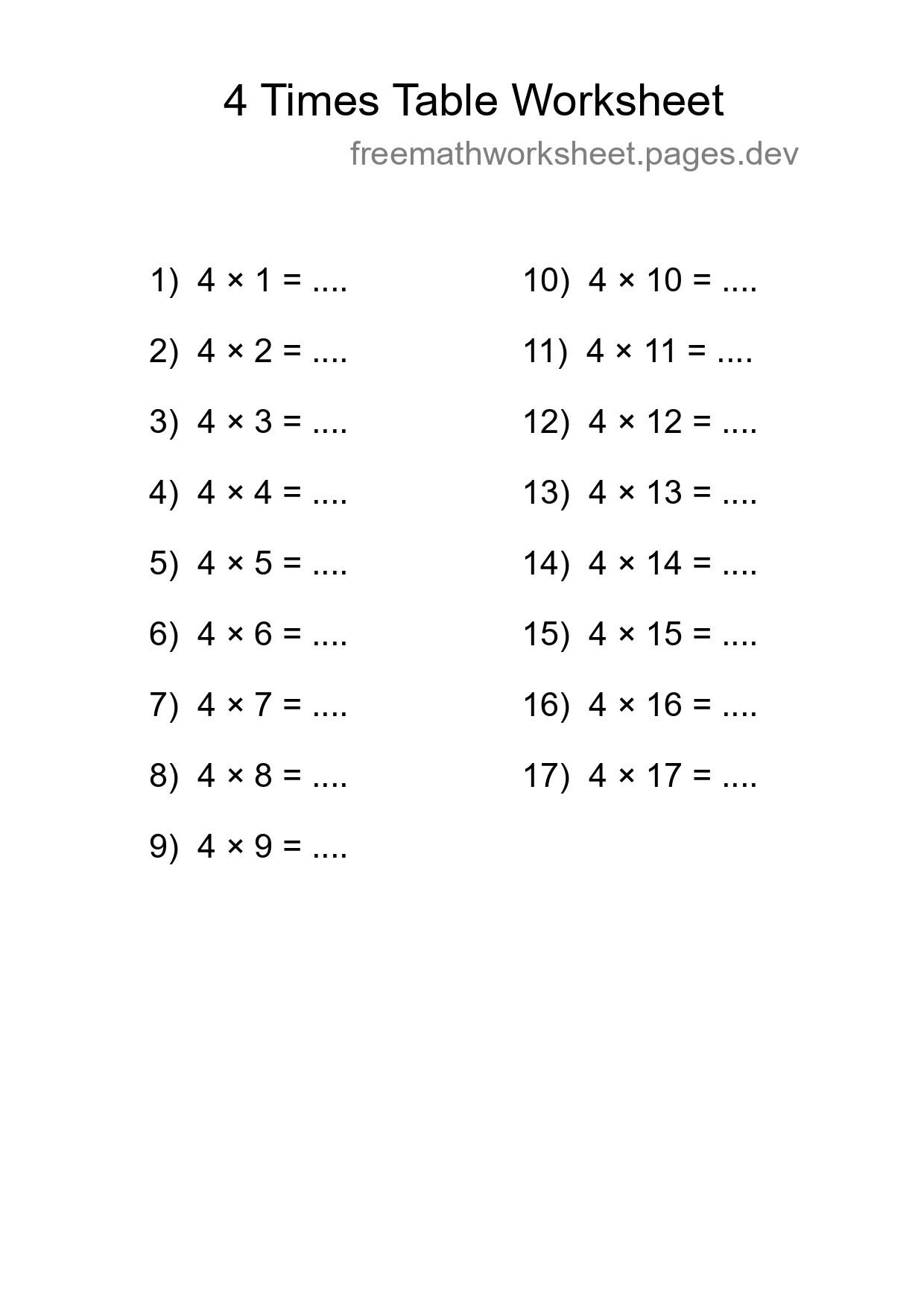 4 Times Table Worksheet For Grade 2 - Part 39