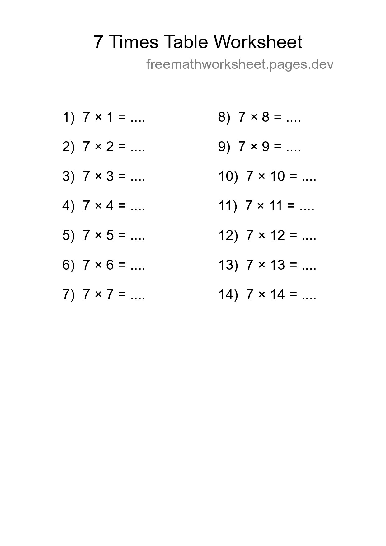 7 Times Table Worksheet For Grade 3 - Part 109