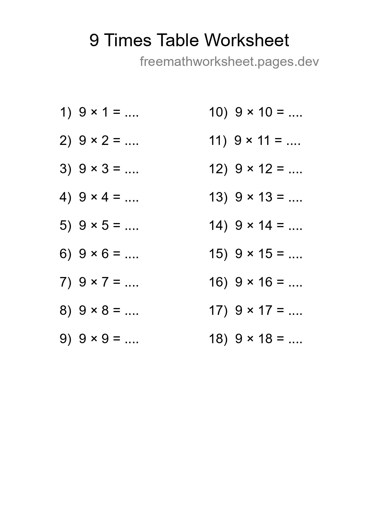 9 Times Table Worksheet For Grade 3 With Answers - Part 219