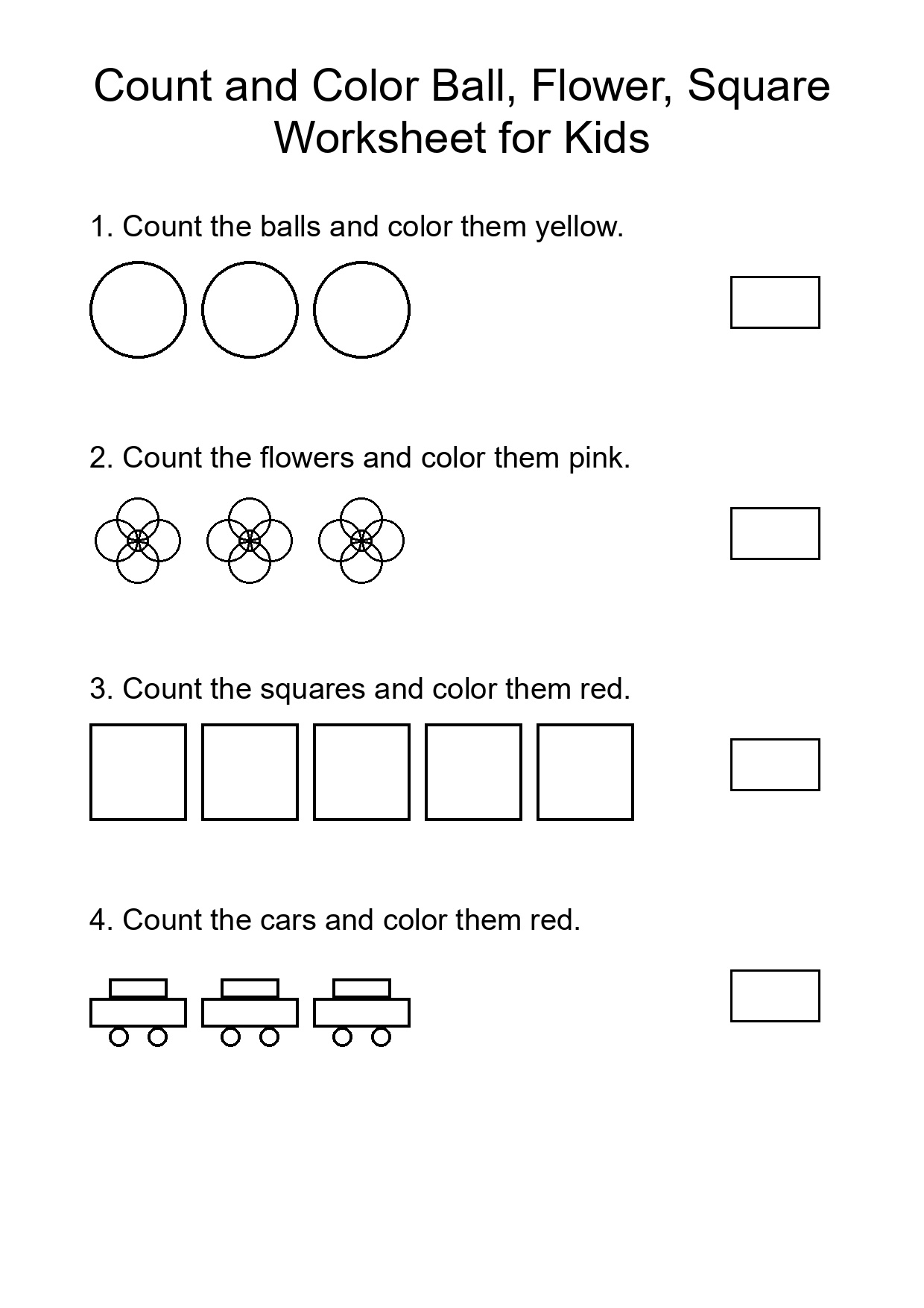 Count and Color Ball, Flower, Square Worksheet for Kids