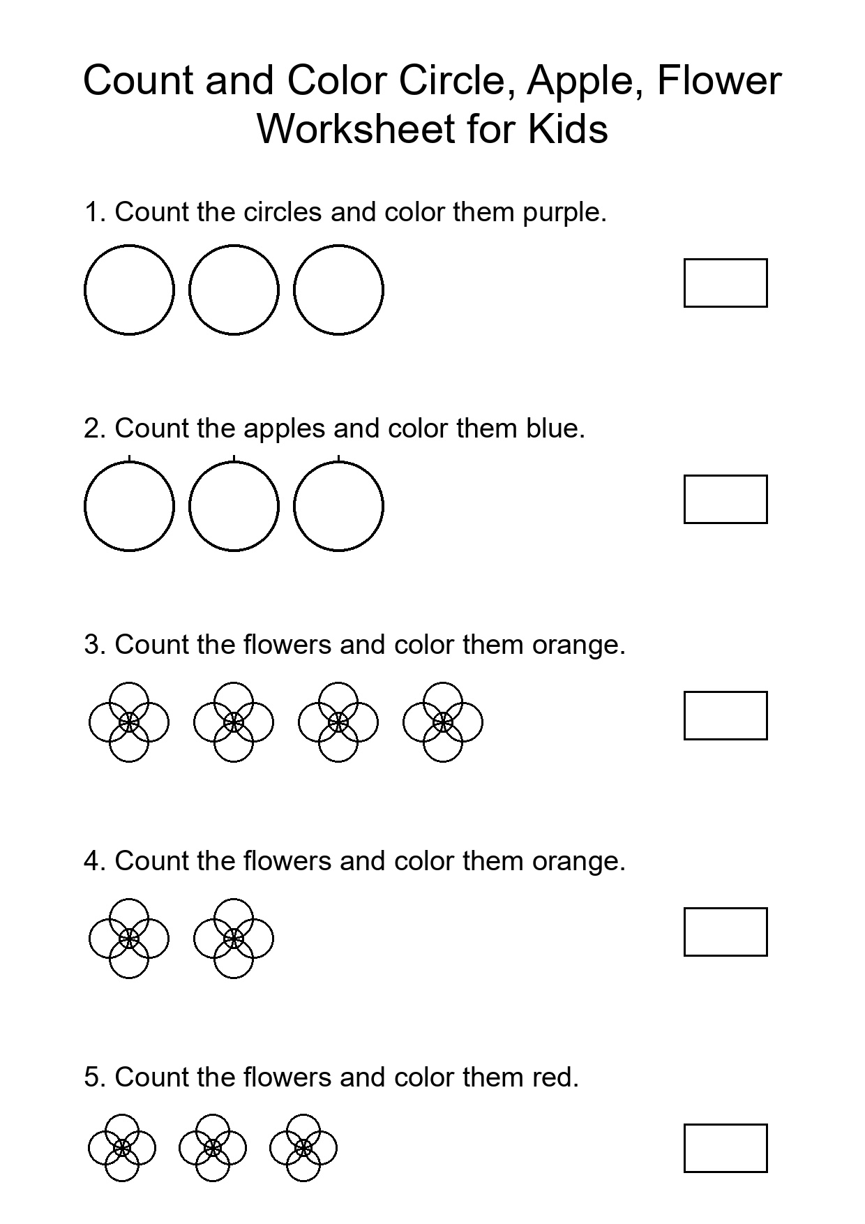 Count and Color Circle, Apple, Flower Worksheet for Kids