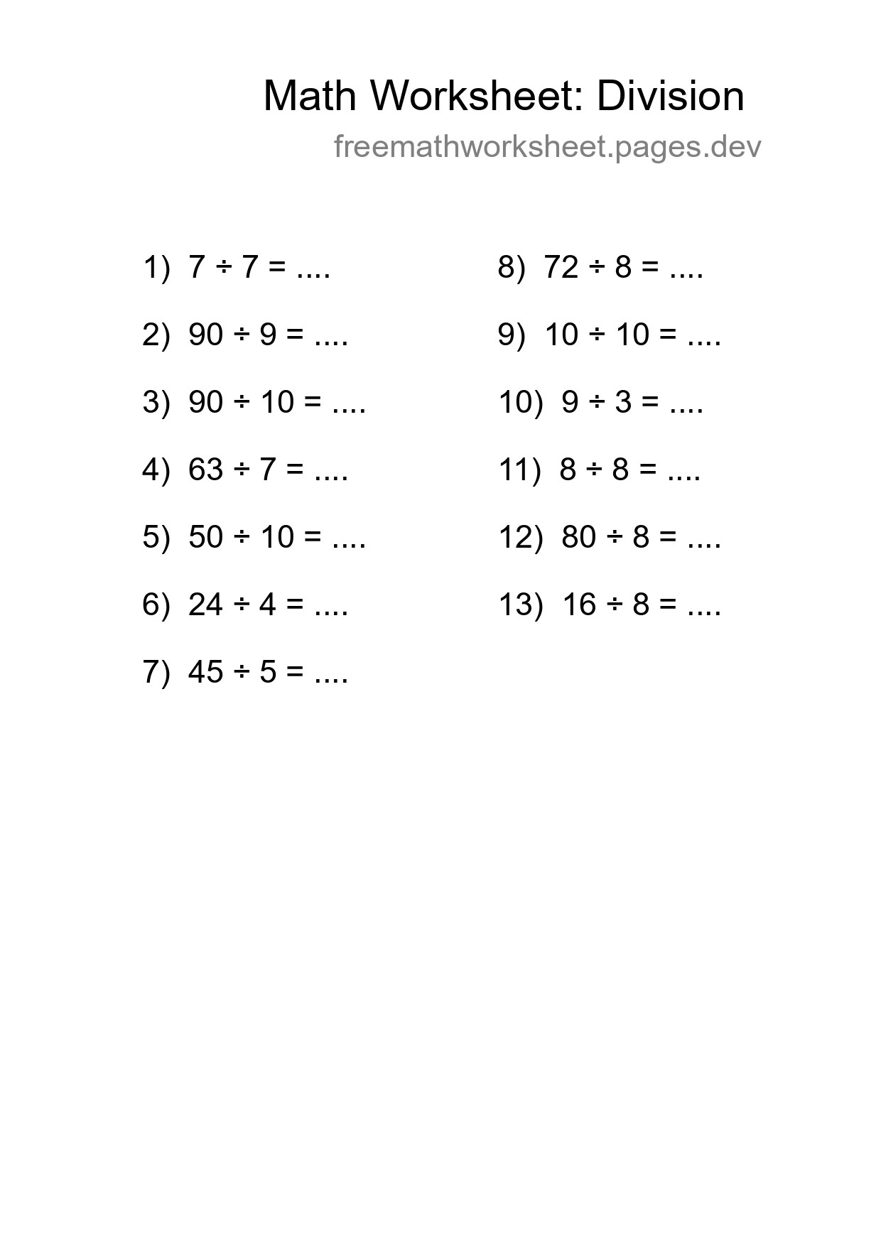 Free 13 Division Math Worksheet For Grade 1 With Answers - Part 234