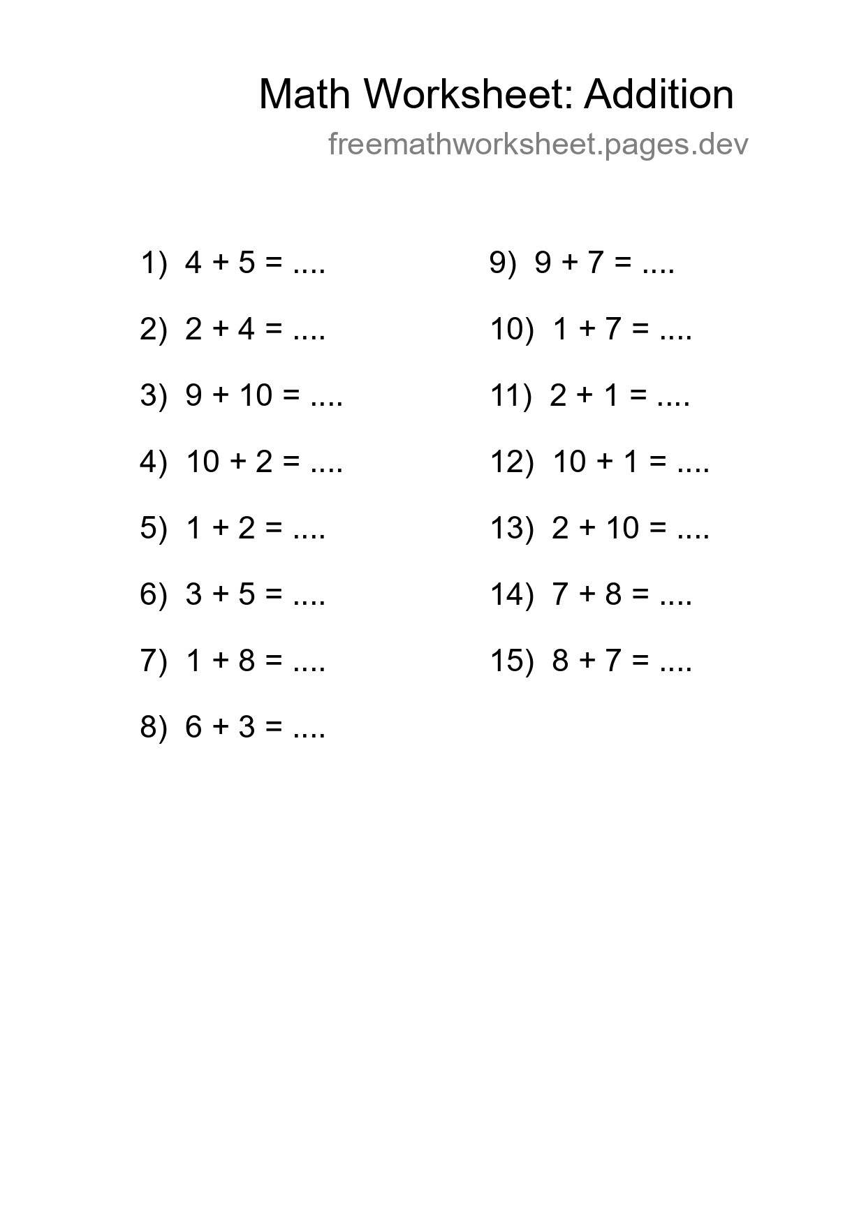 Free 15 Addition Math Worksheet For Grade 1 - Part 241