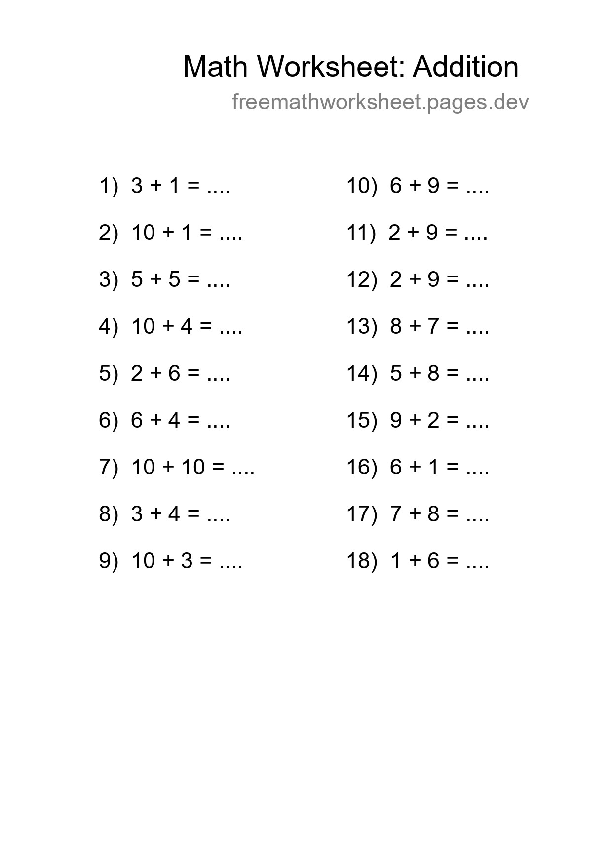 Free 18 Addition Math Worksheet For Grade 1 With Answers - Part 231