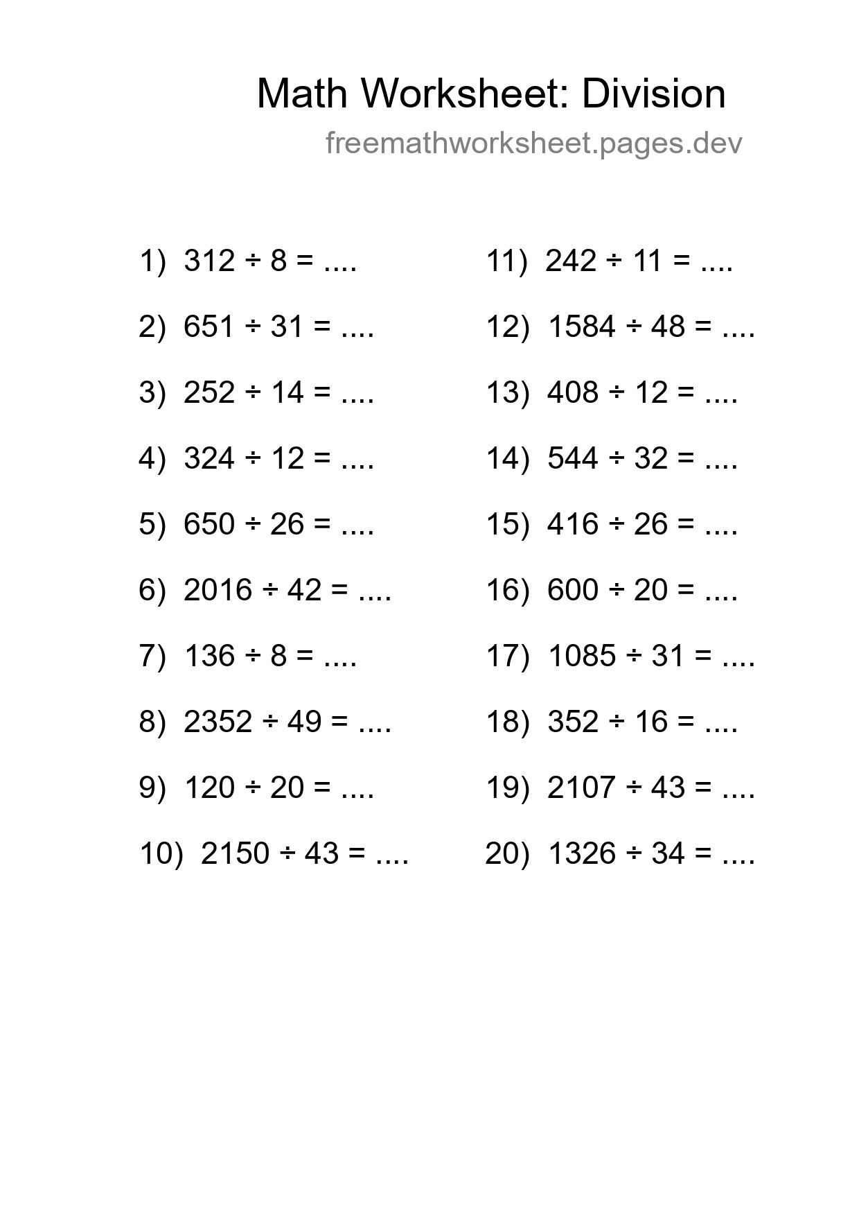 Free 20 Division Math Worksheet For Grade 2 With Answers - Part 224