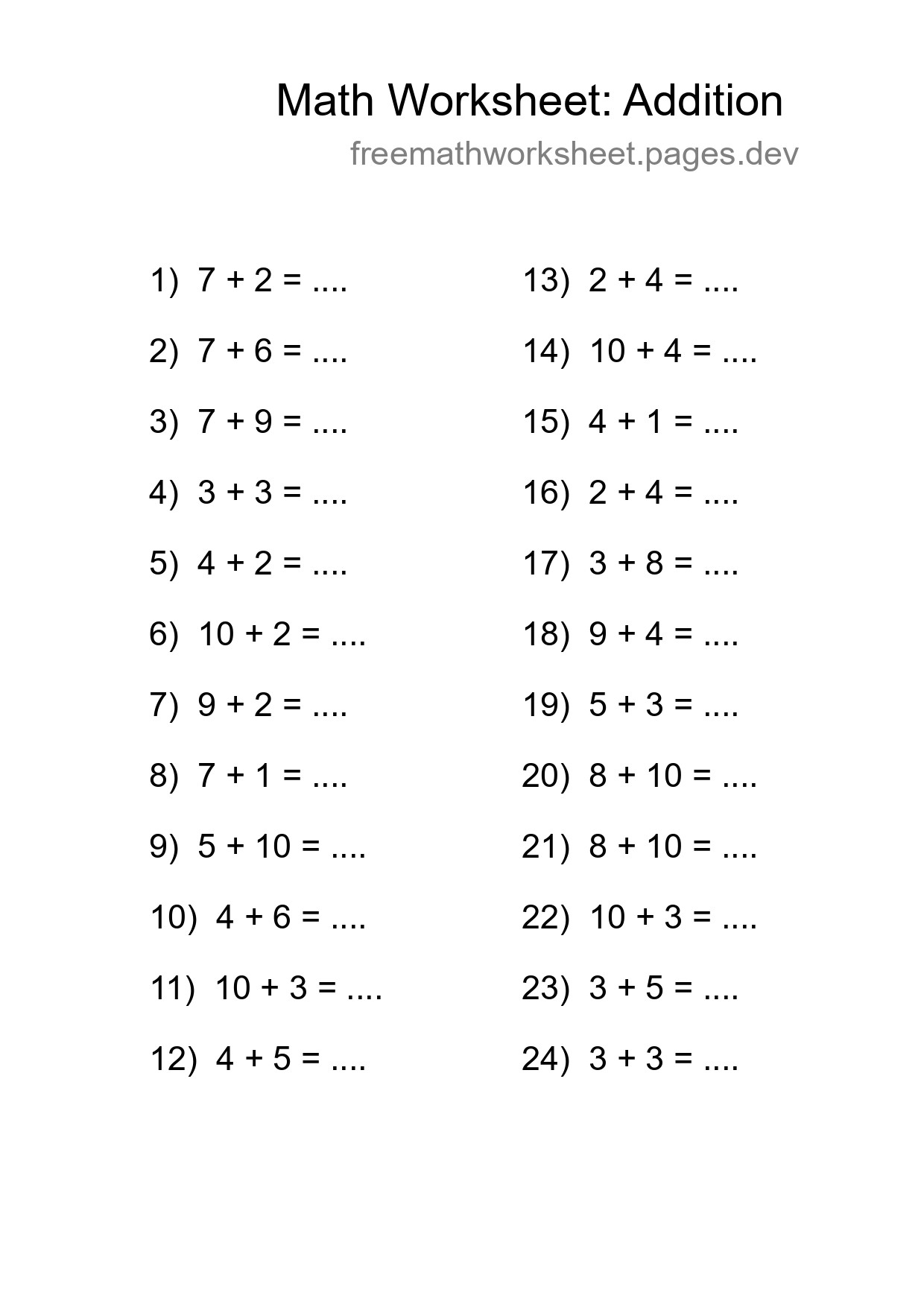 Free 24 Addition Math Worksheet For Grade 1 With Answers - Part 31