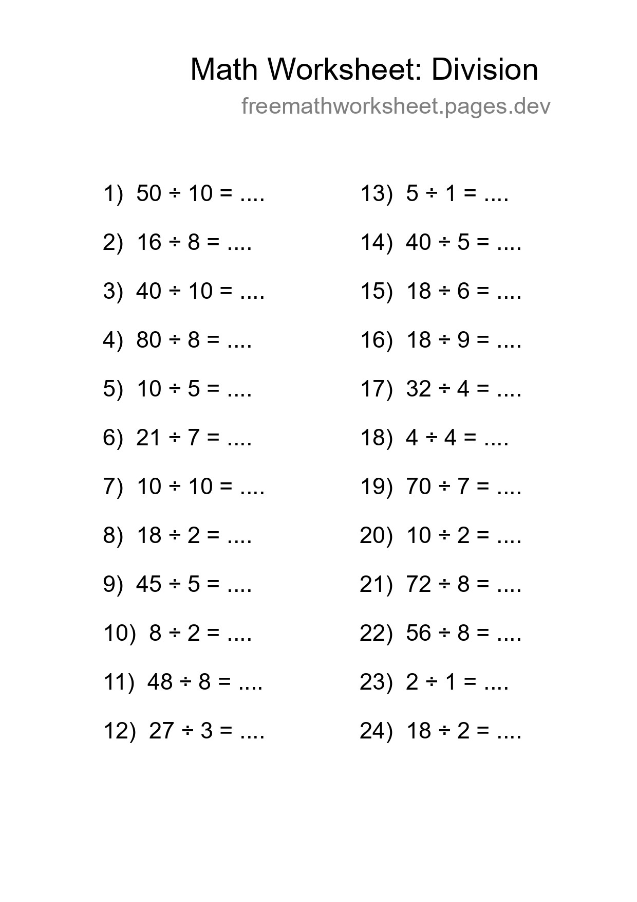 Free 24 Division Math Worksheet For Grade 1 With Answers - Part 194