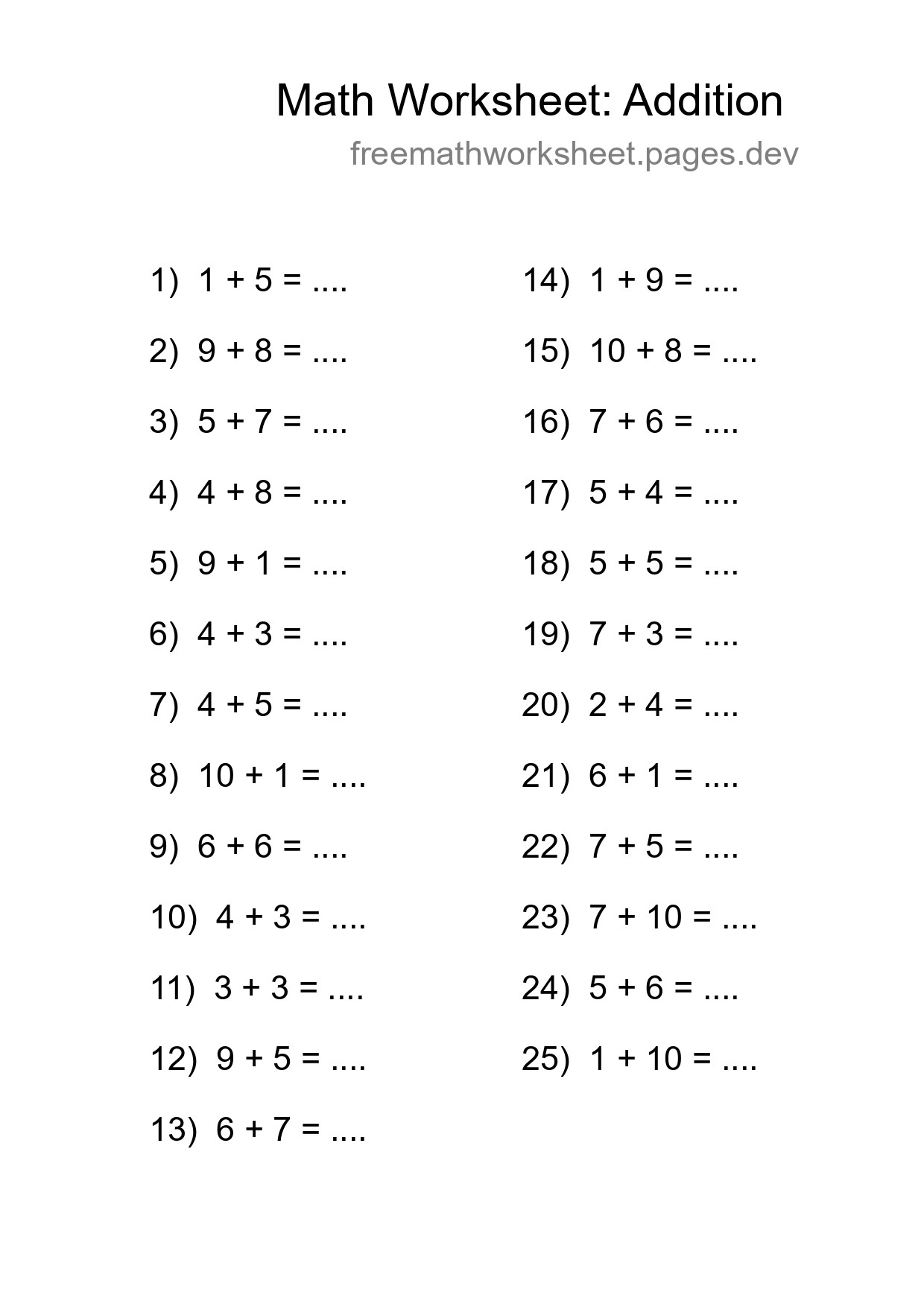 Free 25 Addition Math Worksheet For Grade 1 With Answers - Part 51
