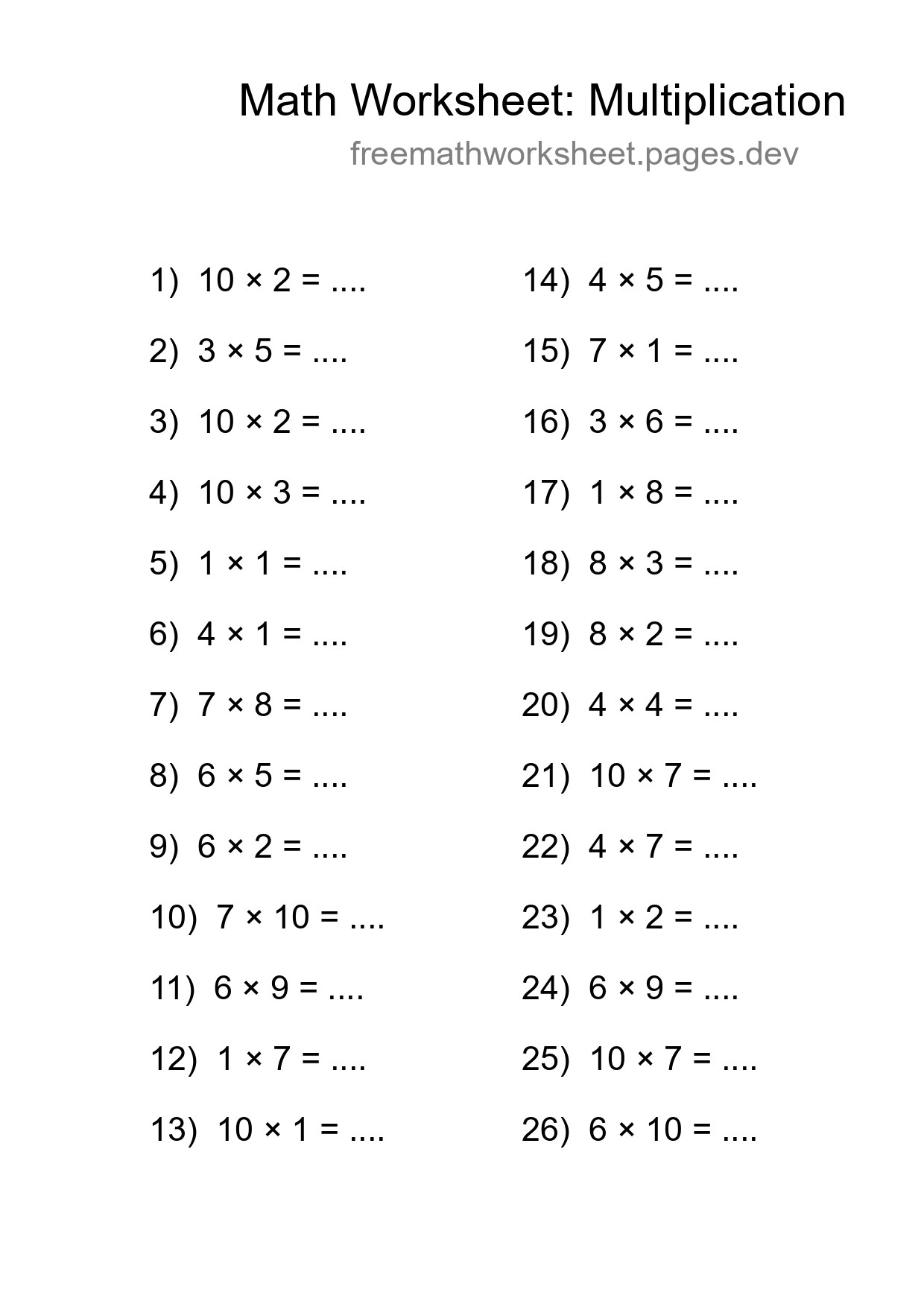 Free 26 Multiplication Math Worksheet For Grade 1 - Part 227