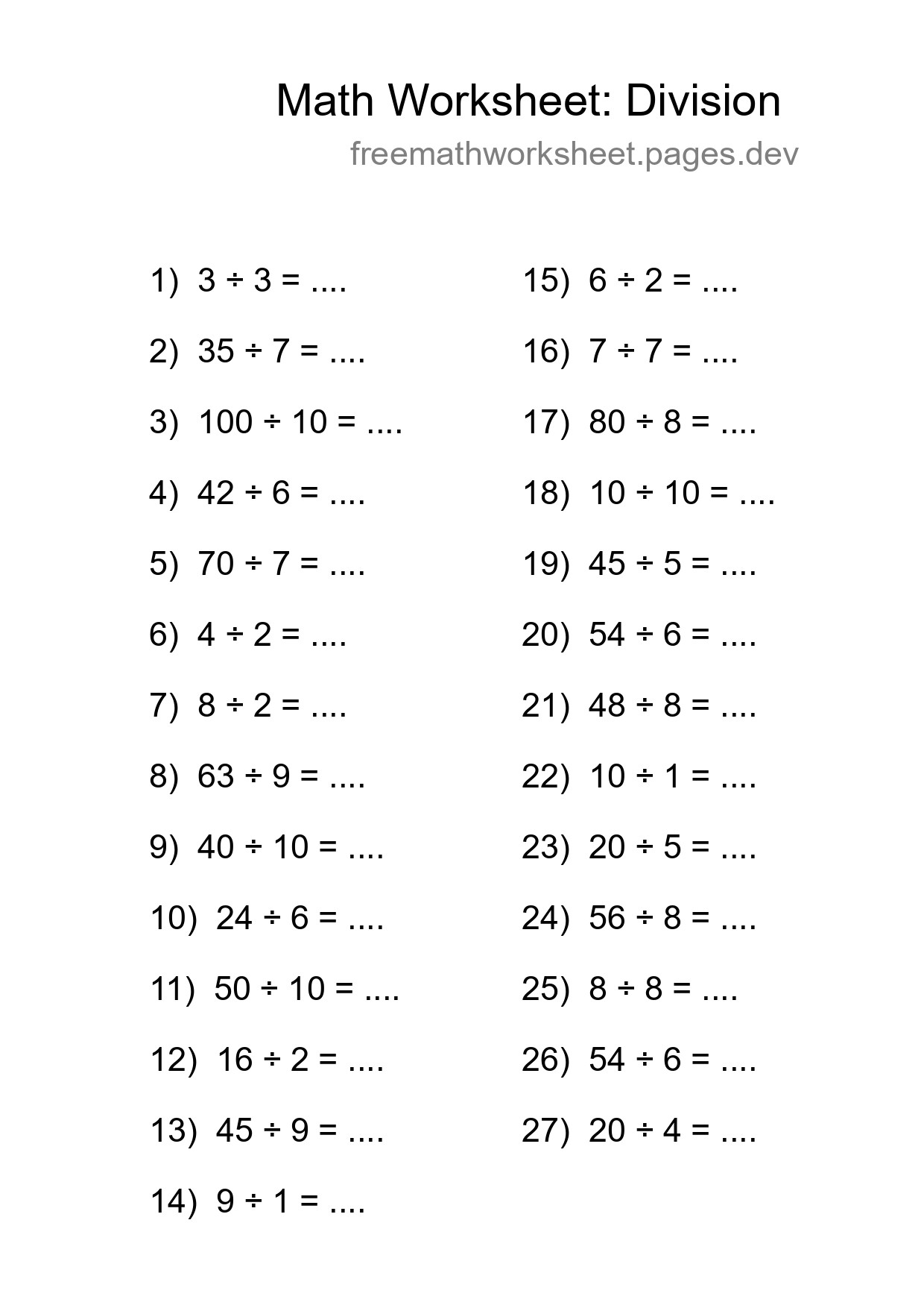 Free 27 Division Math Worksheet For Grade 1 With Answers - Part 164