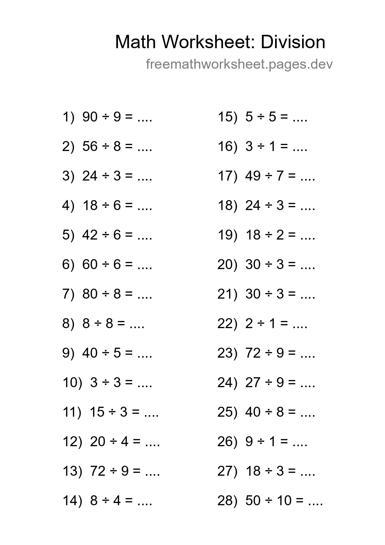 Free 28 Division Math Worksheet For Grade 1 With Answers - Part 144