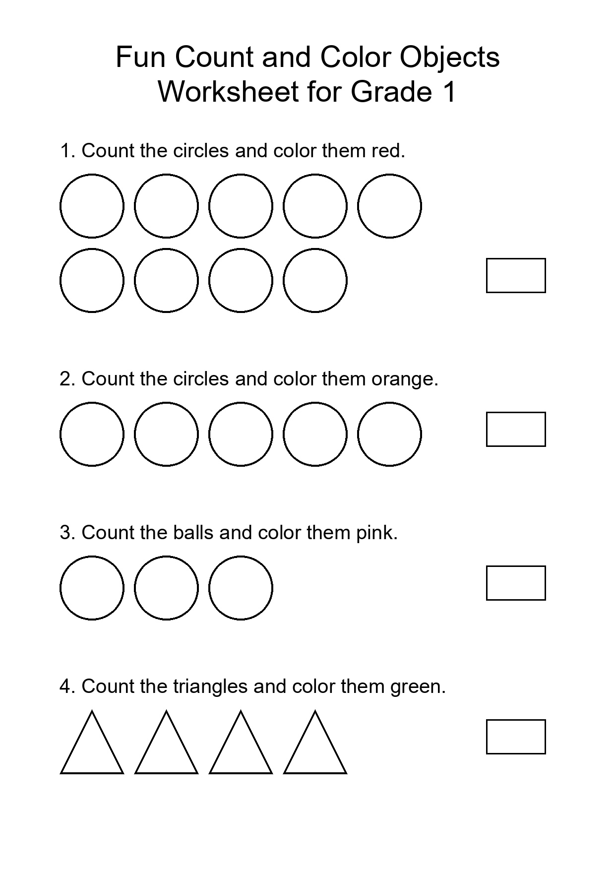 Fun Count and Color Objects Worksheet for Grade 1