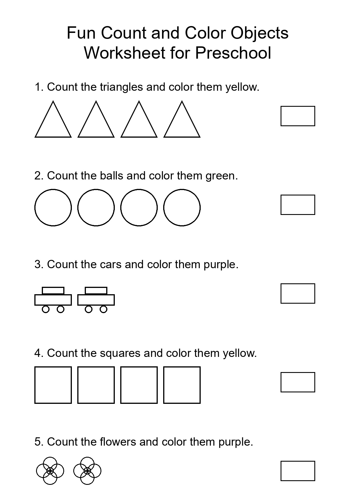 Fun Count and Color Objects Worksheet for Preschool