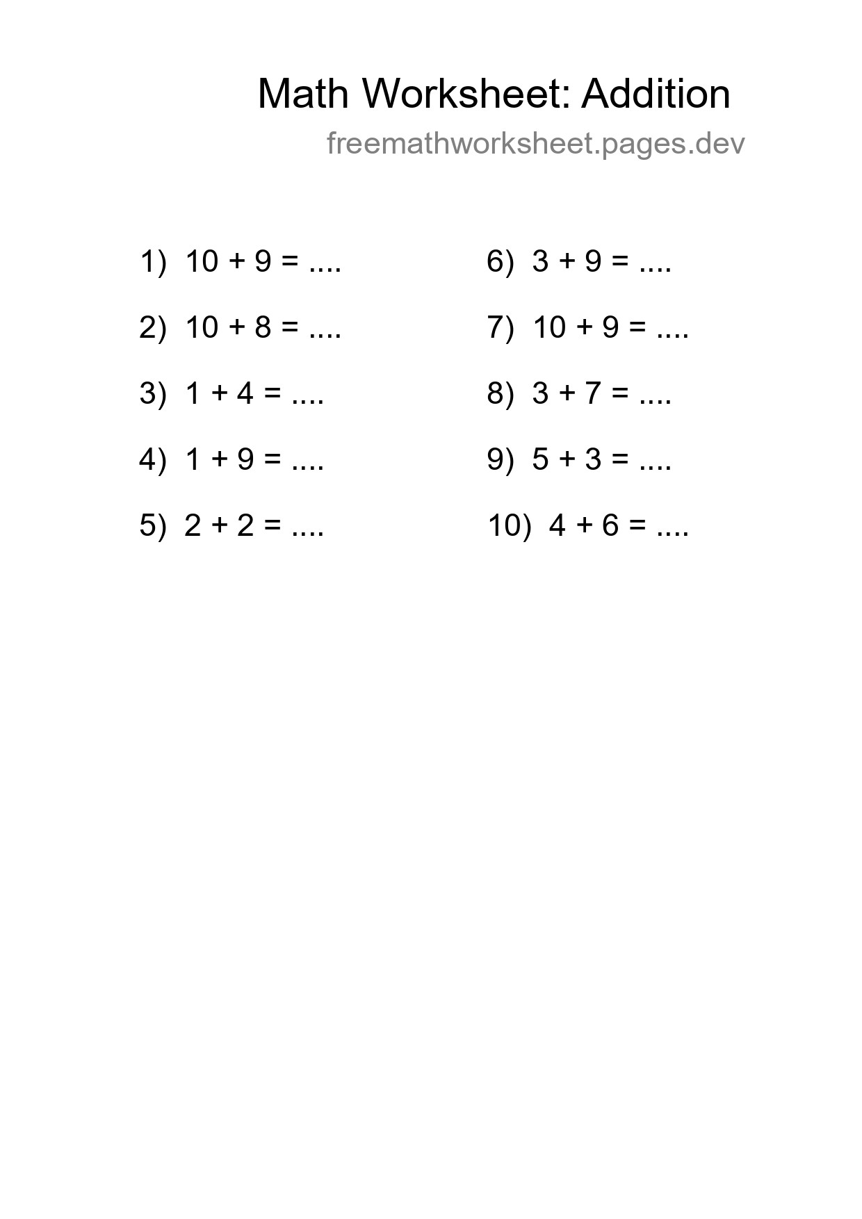 Grade 1 Addition Practice Worksheet (10 Problems) - Part 221