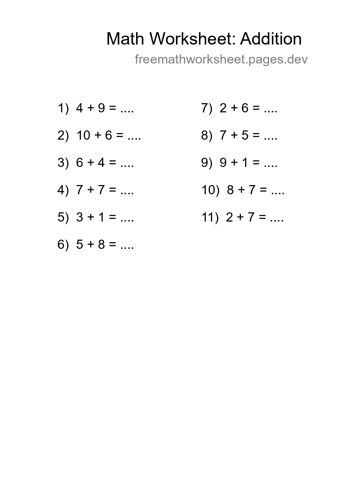 Grade 1 Addition Practice Worksheet (11 Problems) - Part 41