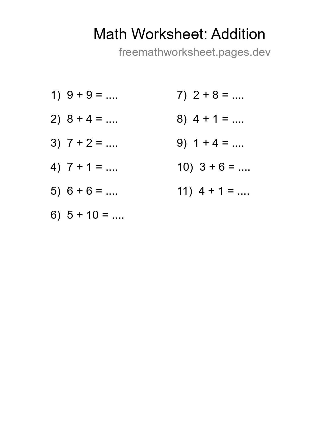 Grade 1 Addition Practice Worksheet (11 Problems) - Part 91