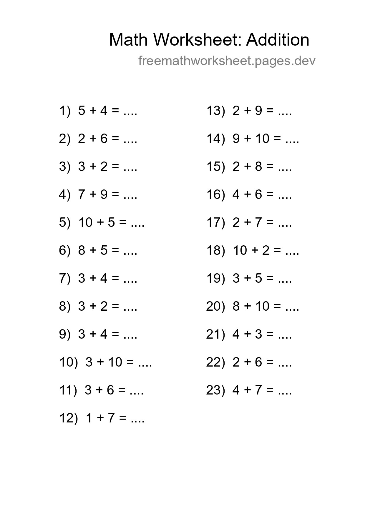 Grade 1 Addition Practice Worksheet (23 Problems) - Part 61
