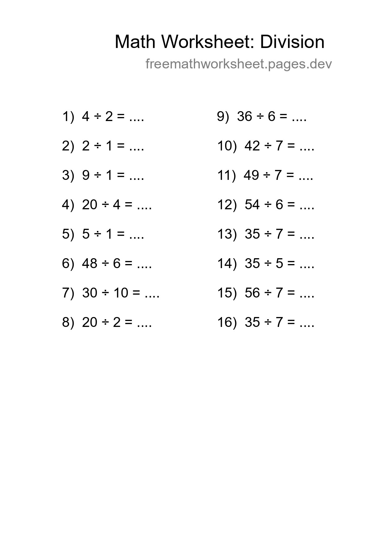 Grade 1 Division Practice Worksheet (16 Problems) - Part 4
