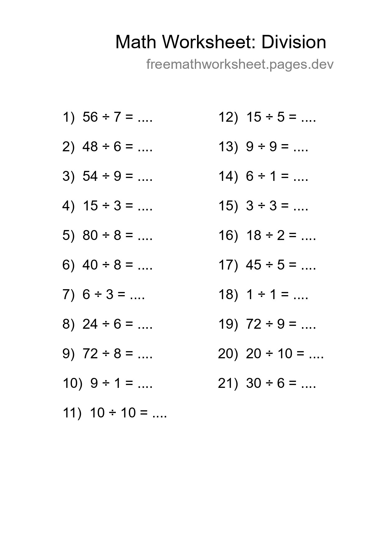 Grade 1 Division Practice Worksheet (21 Problems) - Part 94