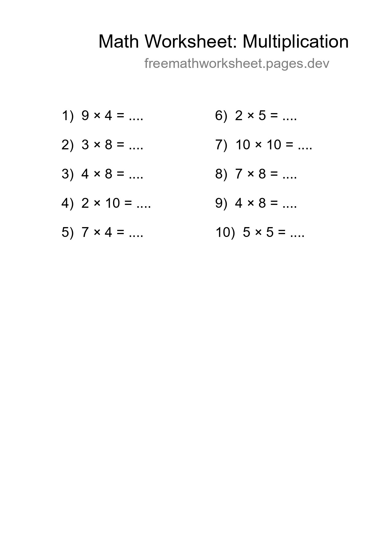 Grade 1 Multiplication Practice Worksheet (10 Problems) - Part 97