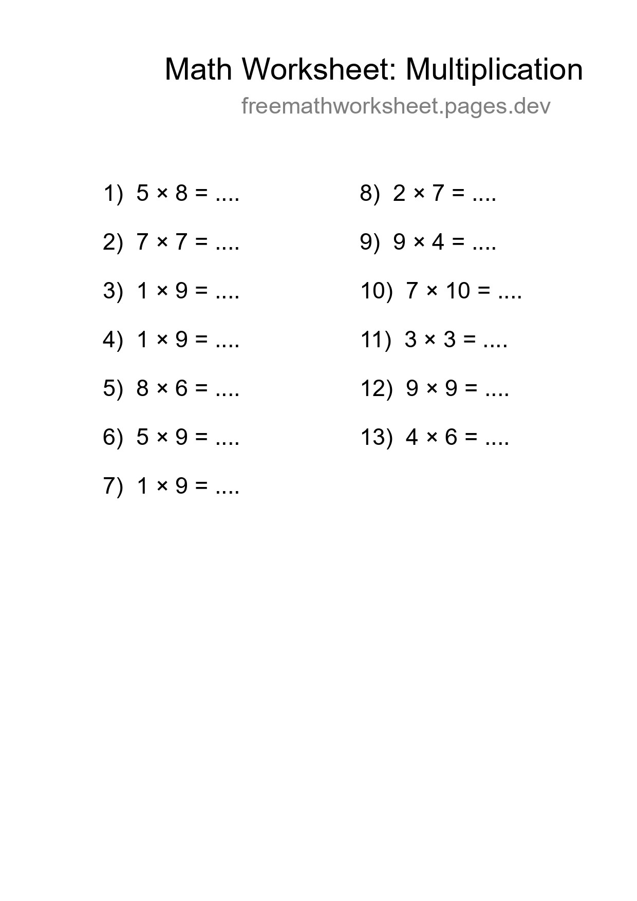 Grade 1 Multiplication Practice Worksheet (13 Problems) - Part 167