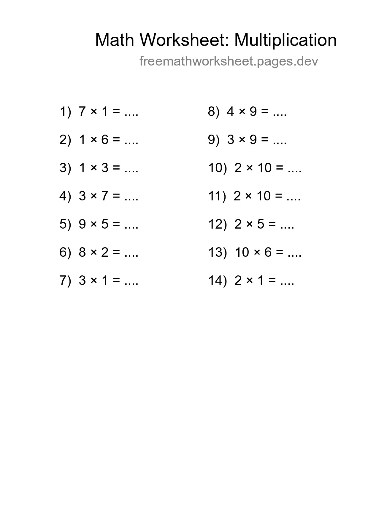 Grade 1 Multiplication Practice Worksheet (14 Problems) - Part 7