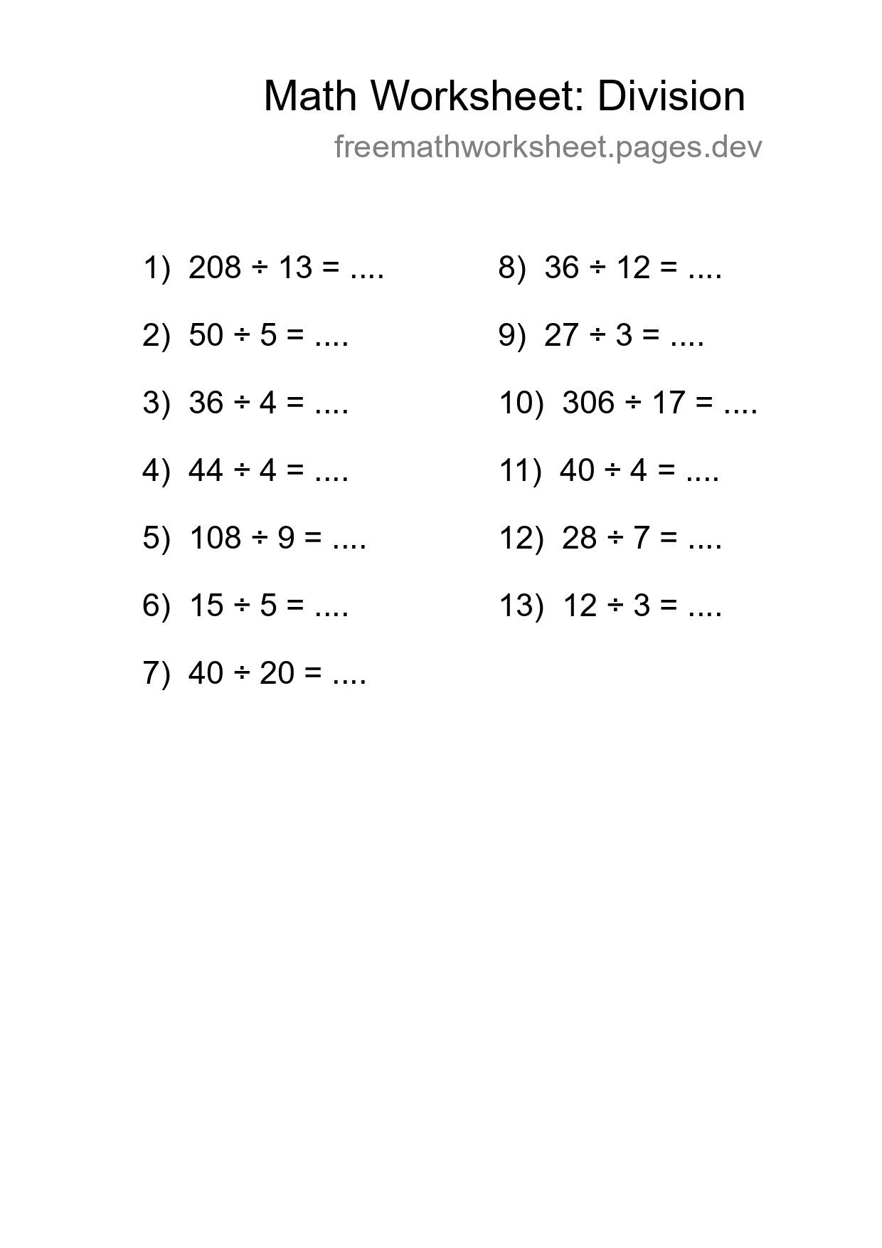 Grade 2 Division Practice Worksheet (13 Problems) - Part 174
