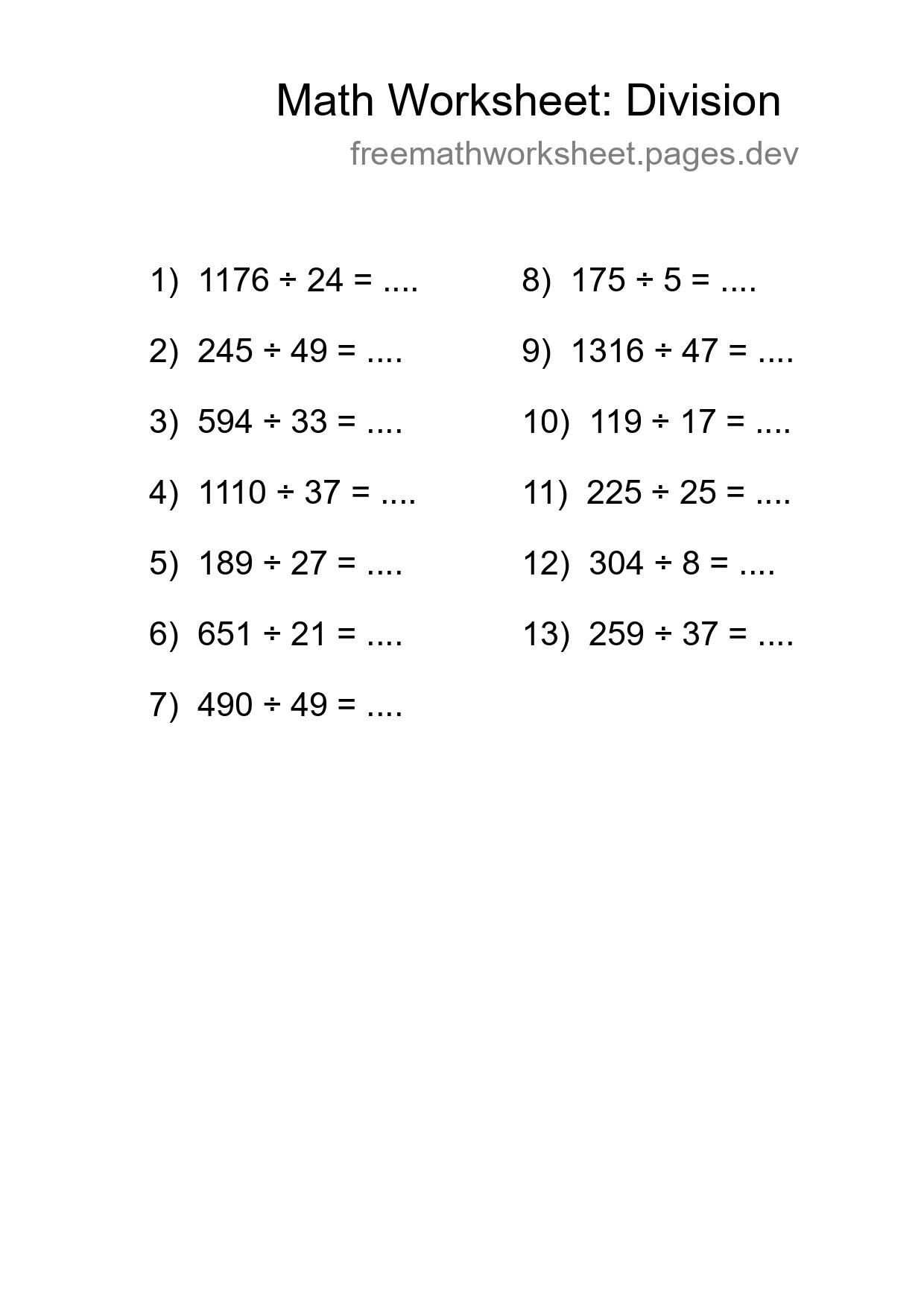 Grade 2 Division Practice Worksheet (13 Problems) - Part 64