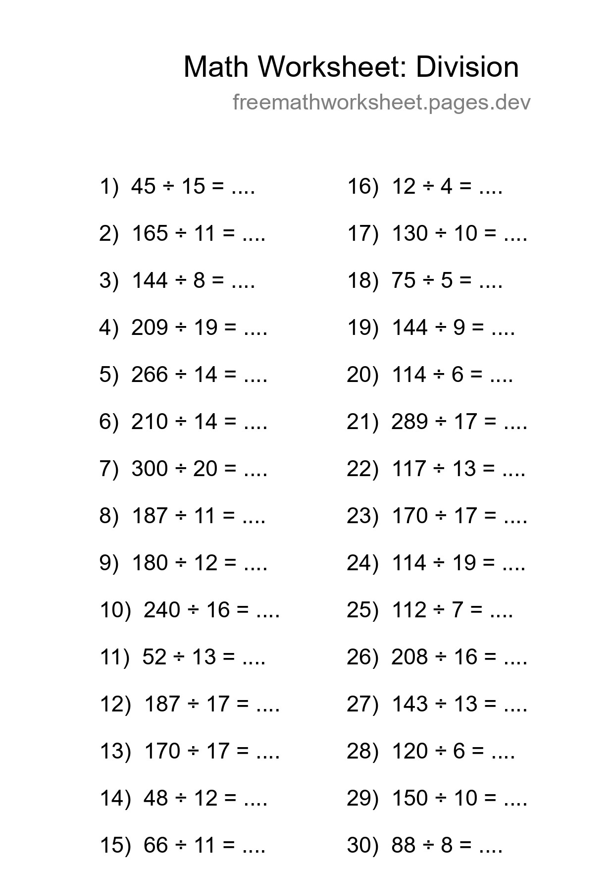Grade 2 Division Practice Worksheet (30 Problems) - Part 274