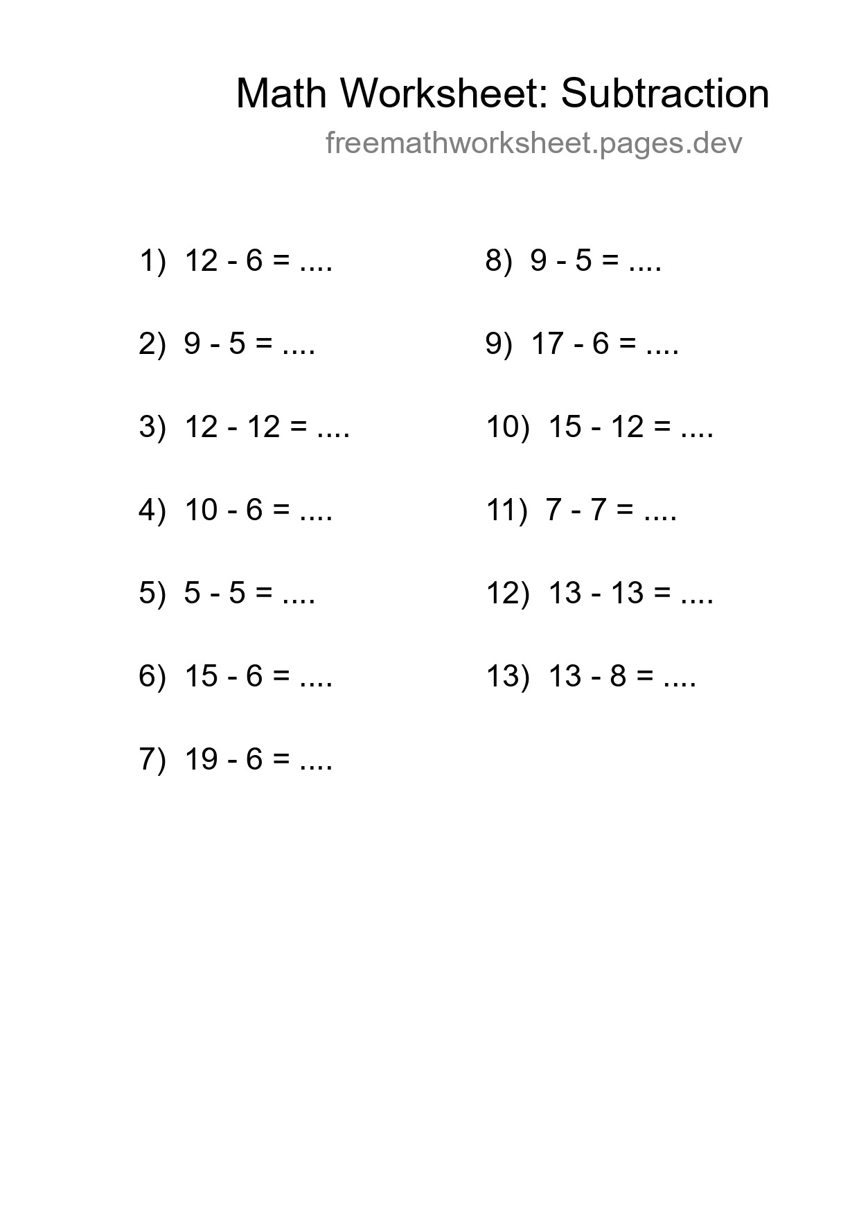 Grade 2 Subtraction Practice Worksheet (13 Problems) - Part 58