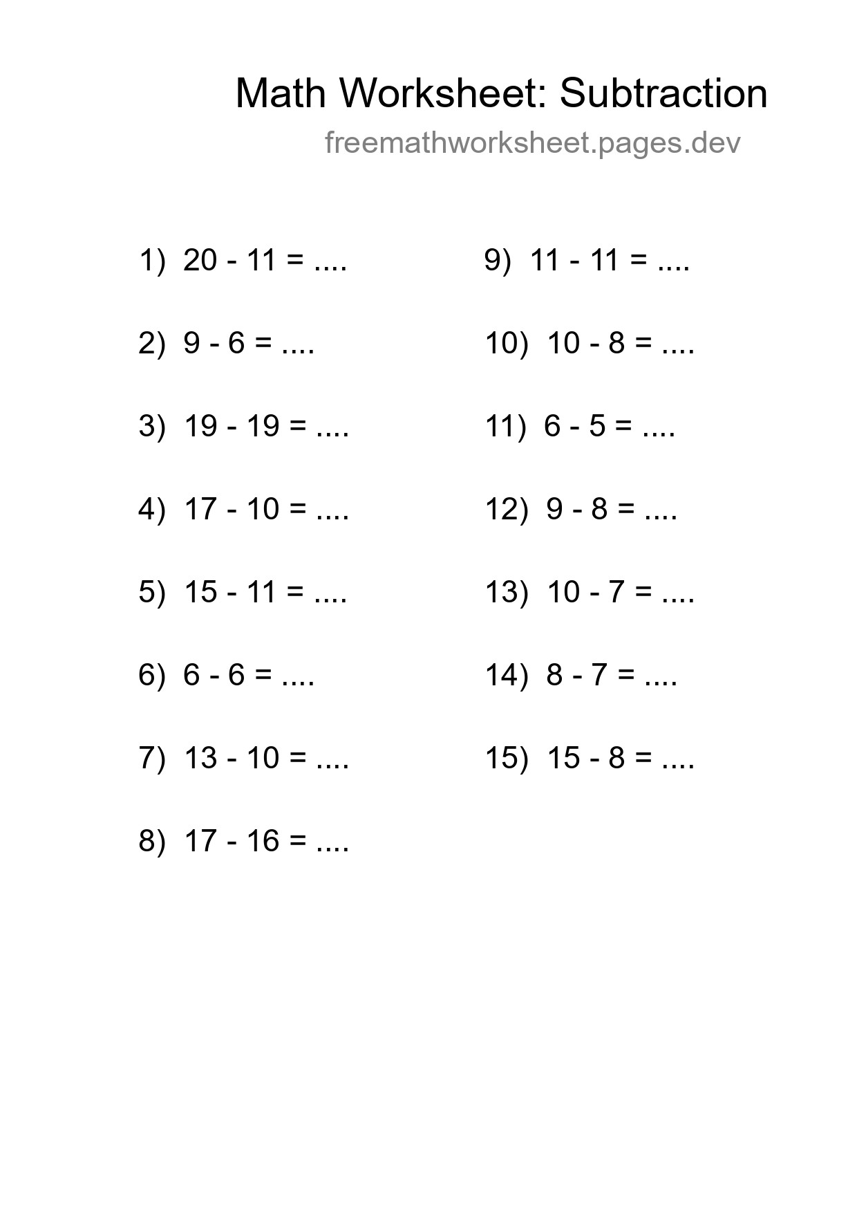 Grade 2 Subtraction Practice Worksheet (15 Problems) - Part 68