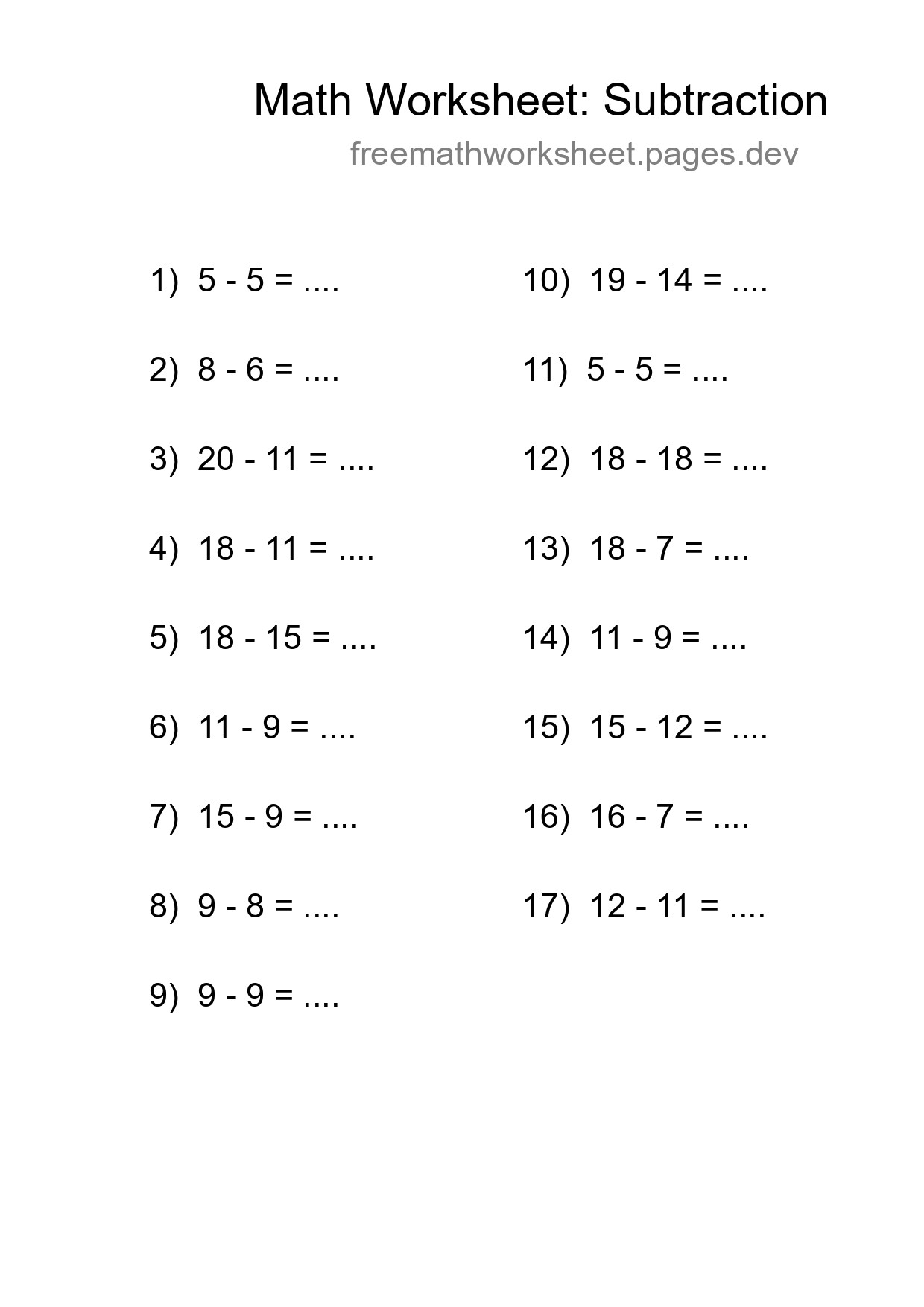 Grade 2 Subtraction Practice Worksheet (17 Problems) - Part 228