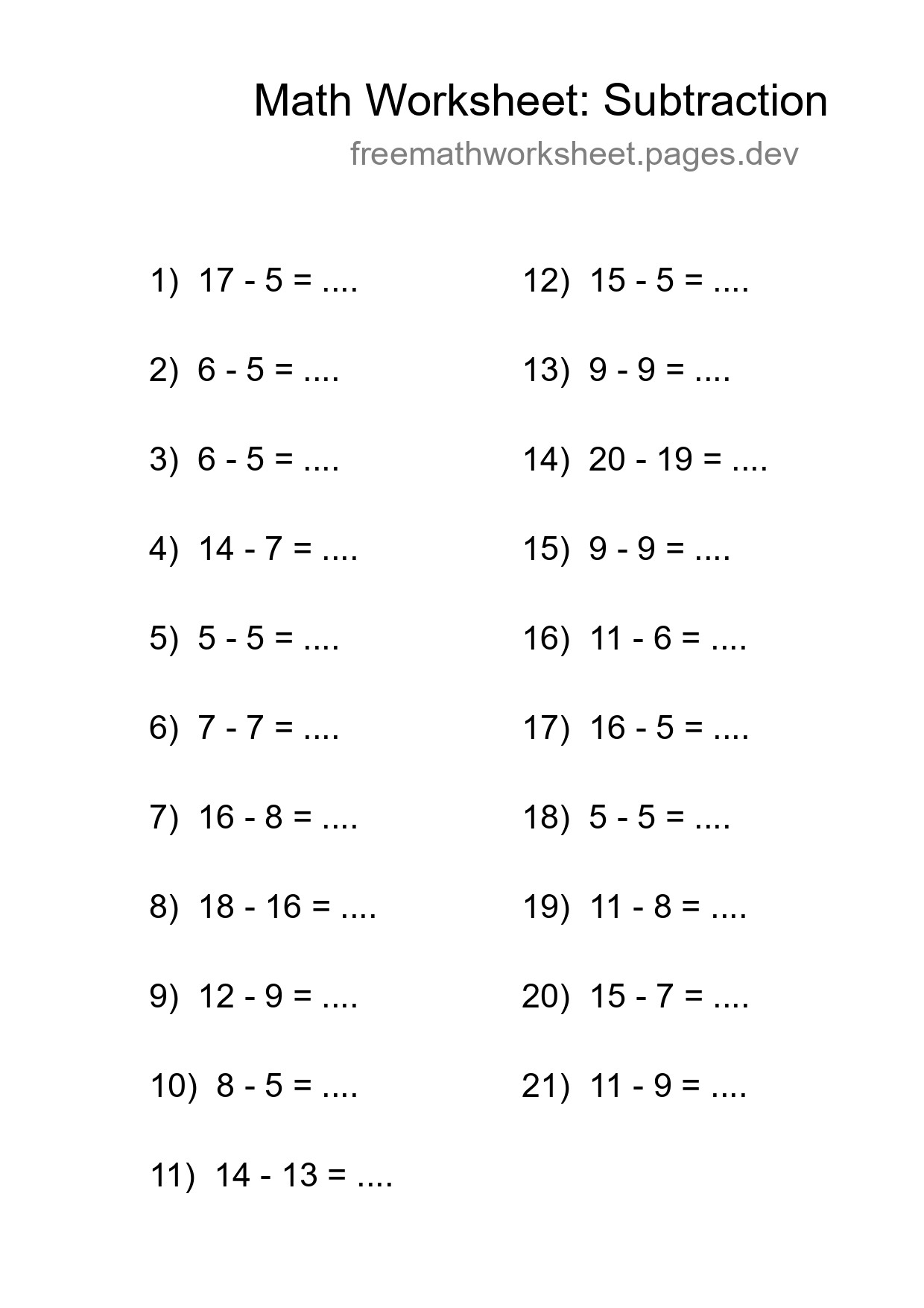 Grade 2 Subtraction Practice Worksheet (21 Problems) - Part 198