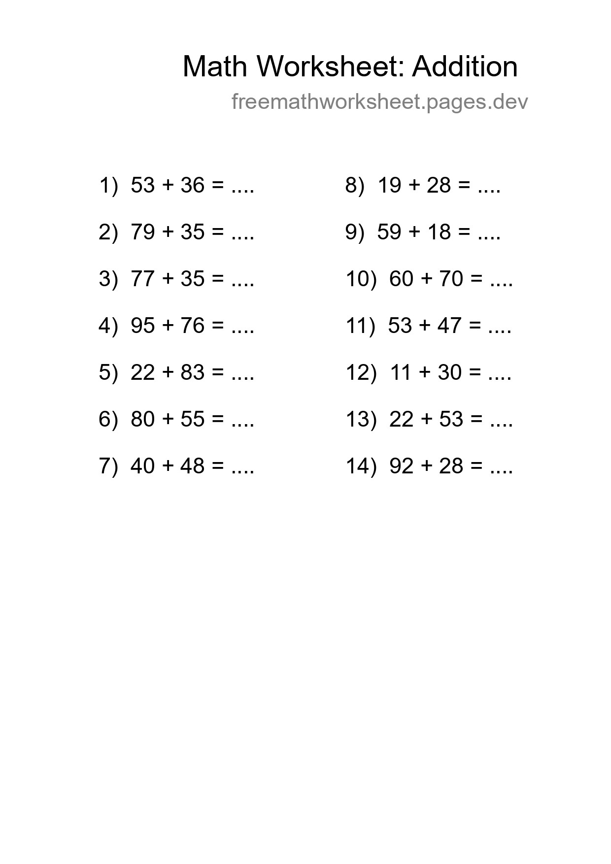 Grade 3 Addition Practice Worksheet (14 Problems) - Part 151