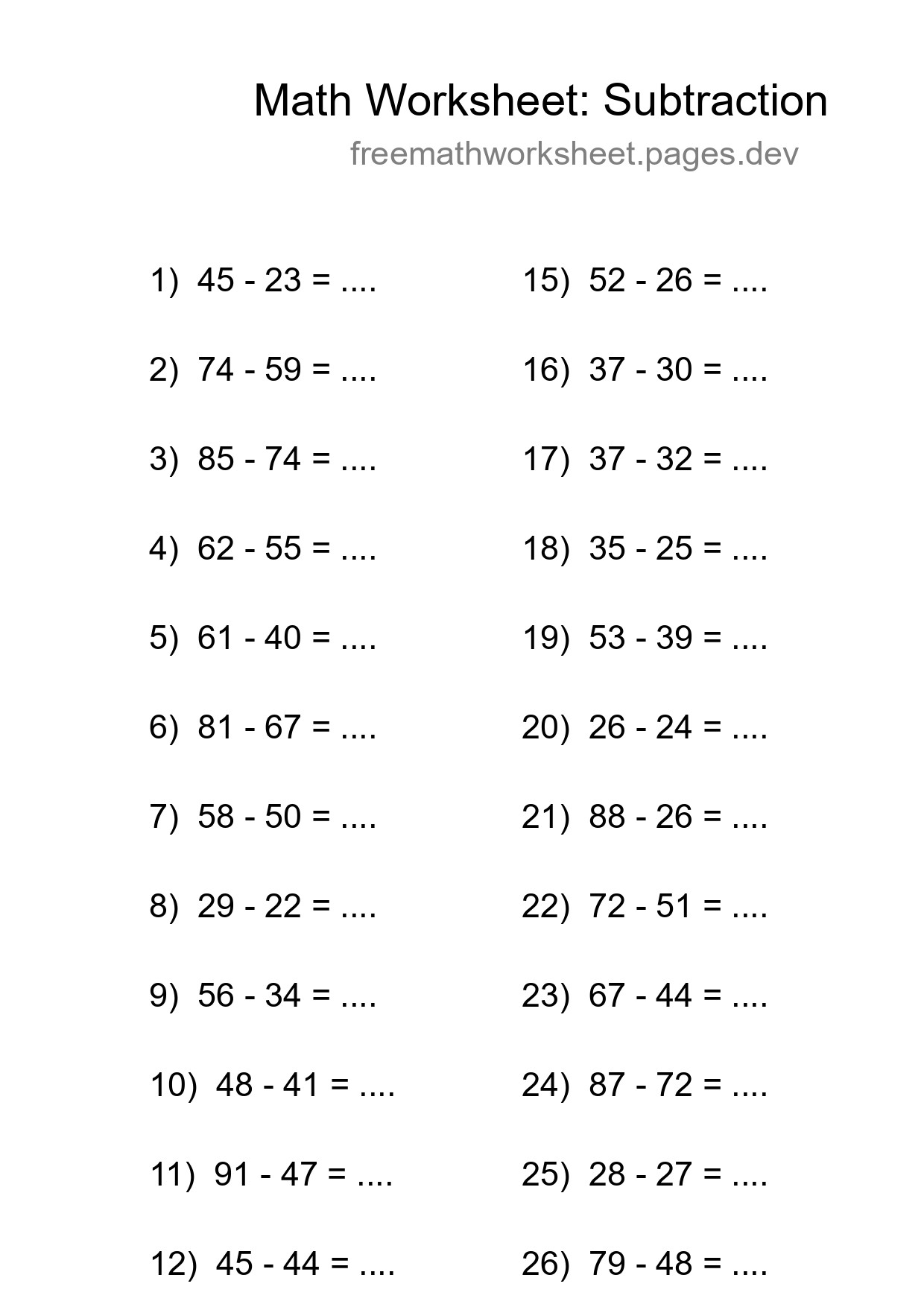Grade 3 Subtraction Practice Worksheet (27 Problems) - Part 28