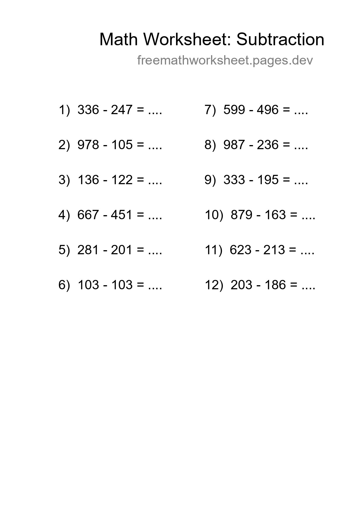 Grade 5 Subtraction Practice Worksheet (12 Problems) - Part 38