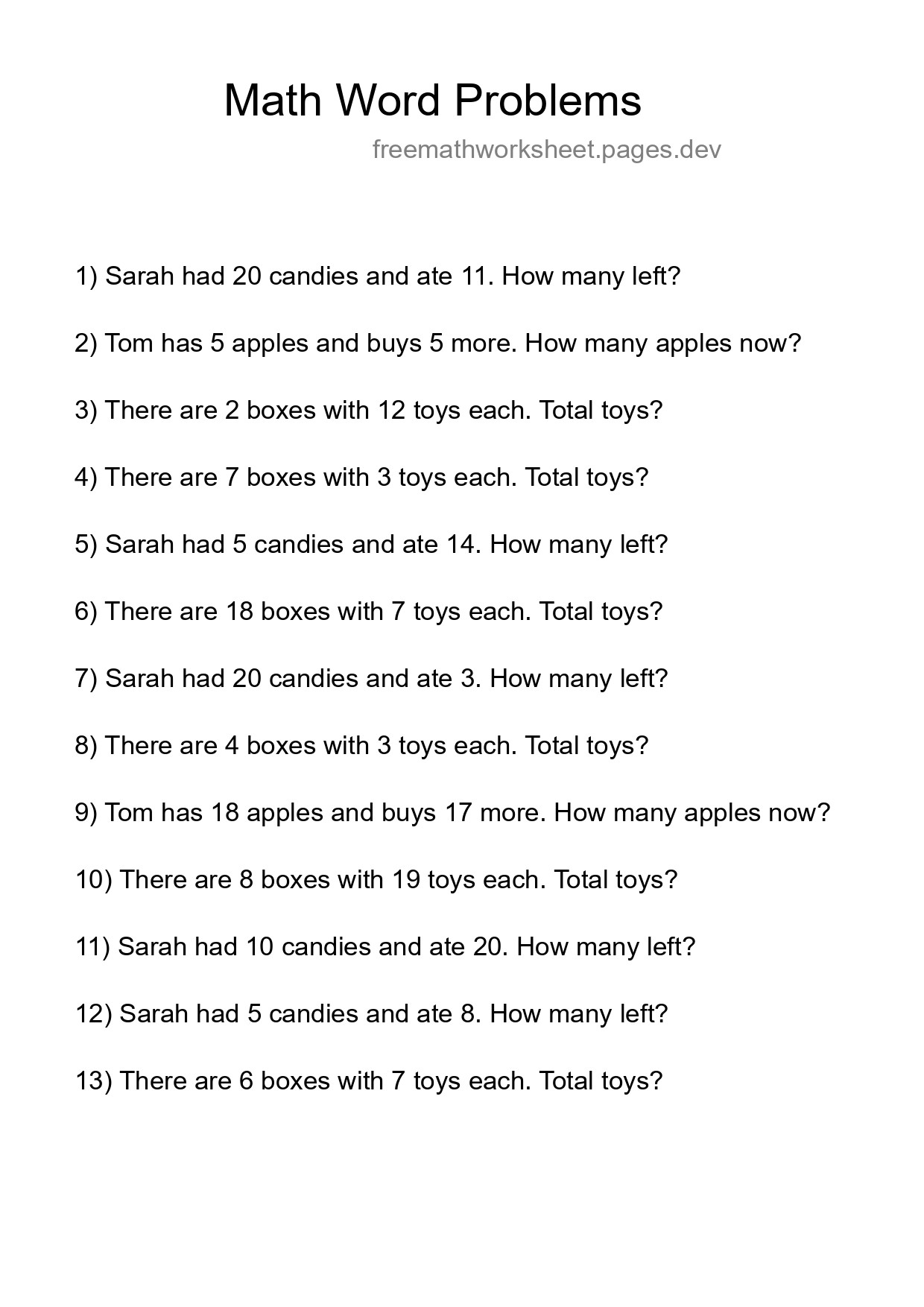 Math Word Problem Worksheet