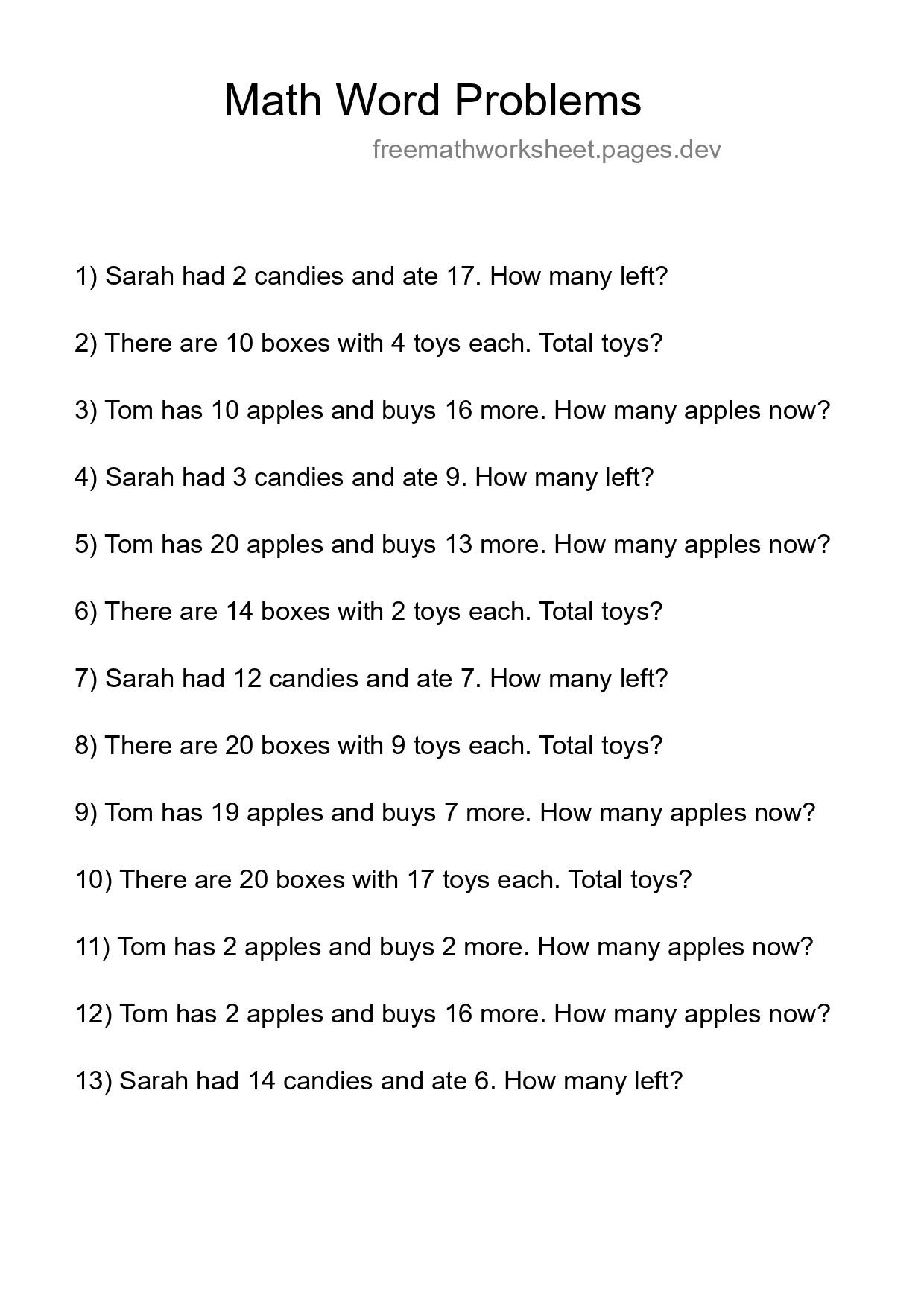 Math Word Problem Worksheet