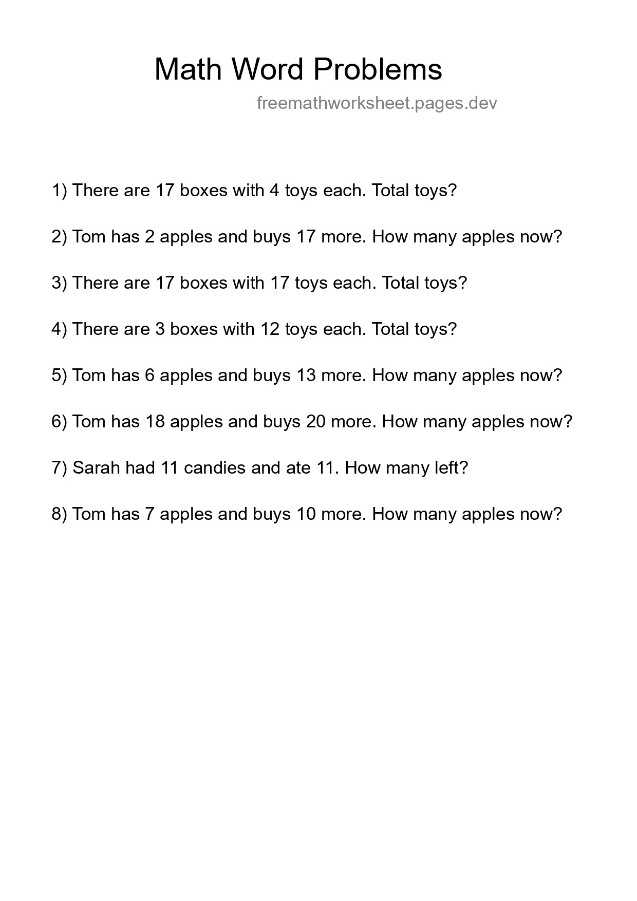 Math Word Problem Worksheet