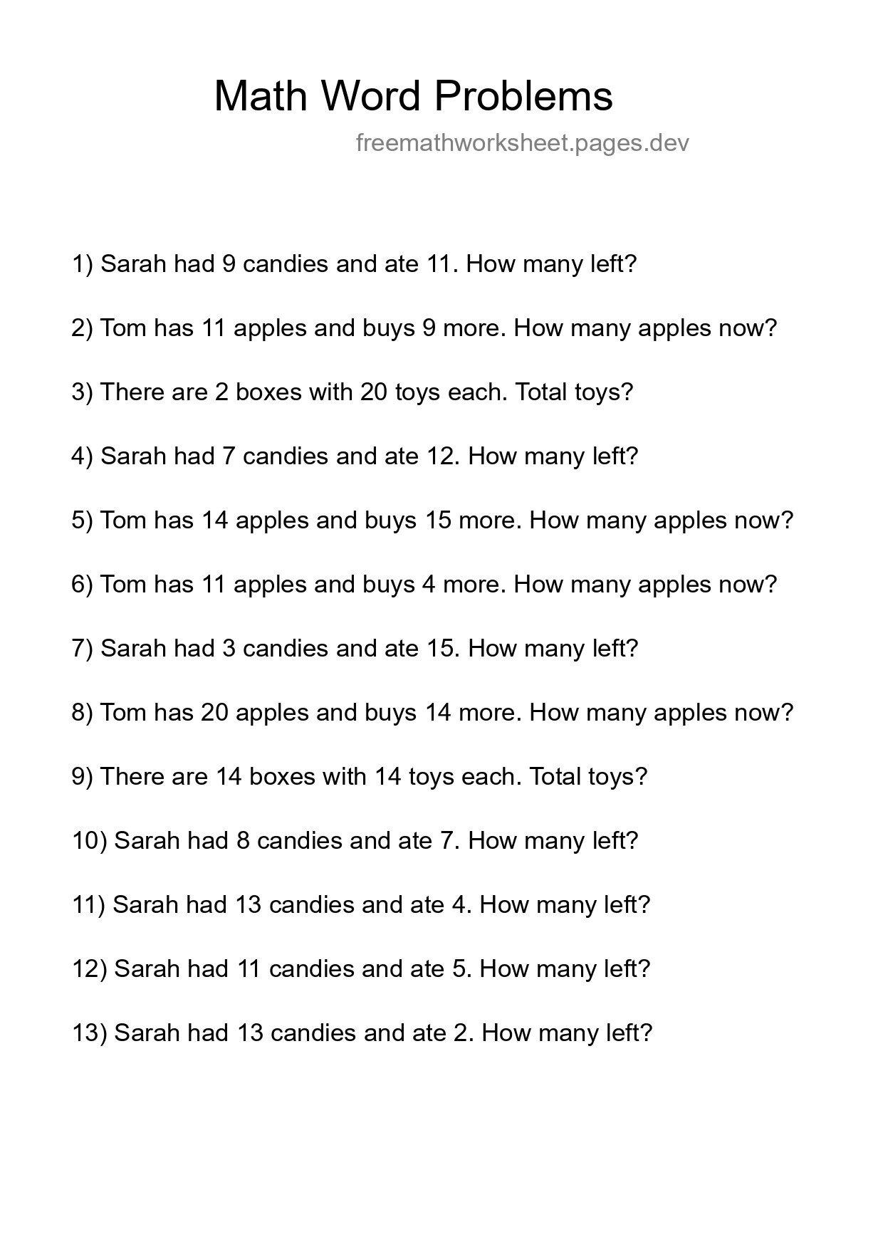 Math Word Problem Worksheet
