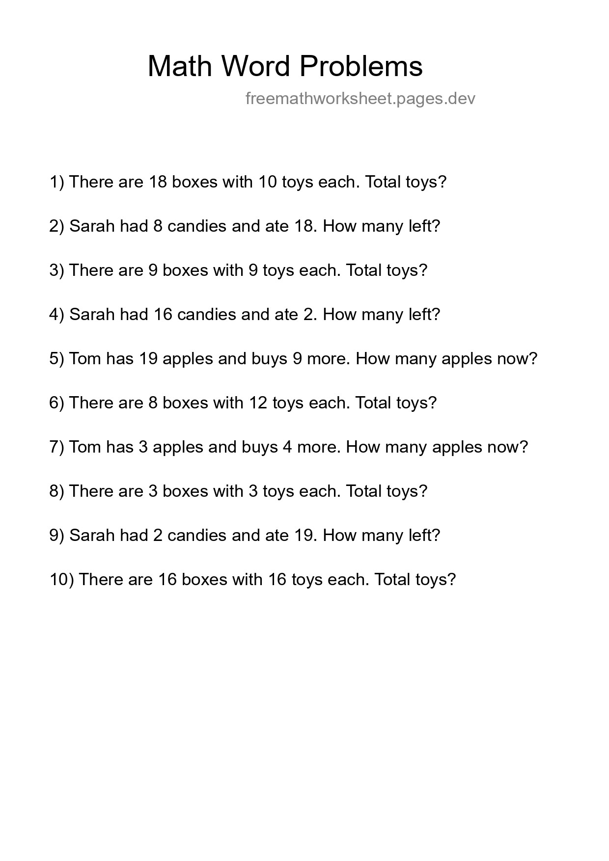 Math Word Problem Worksheet