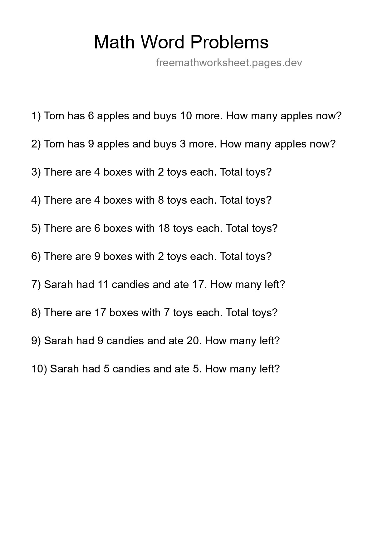 Math Word Problem Worksheet