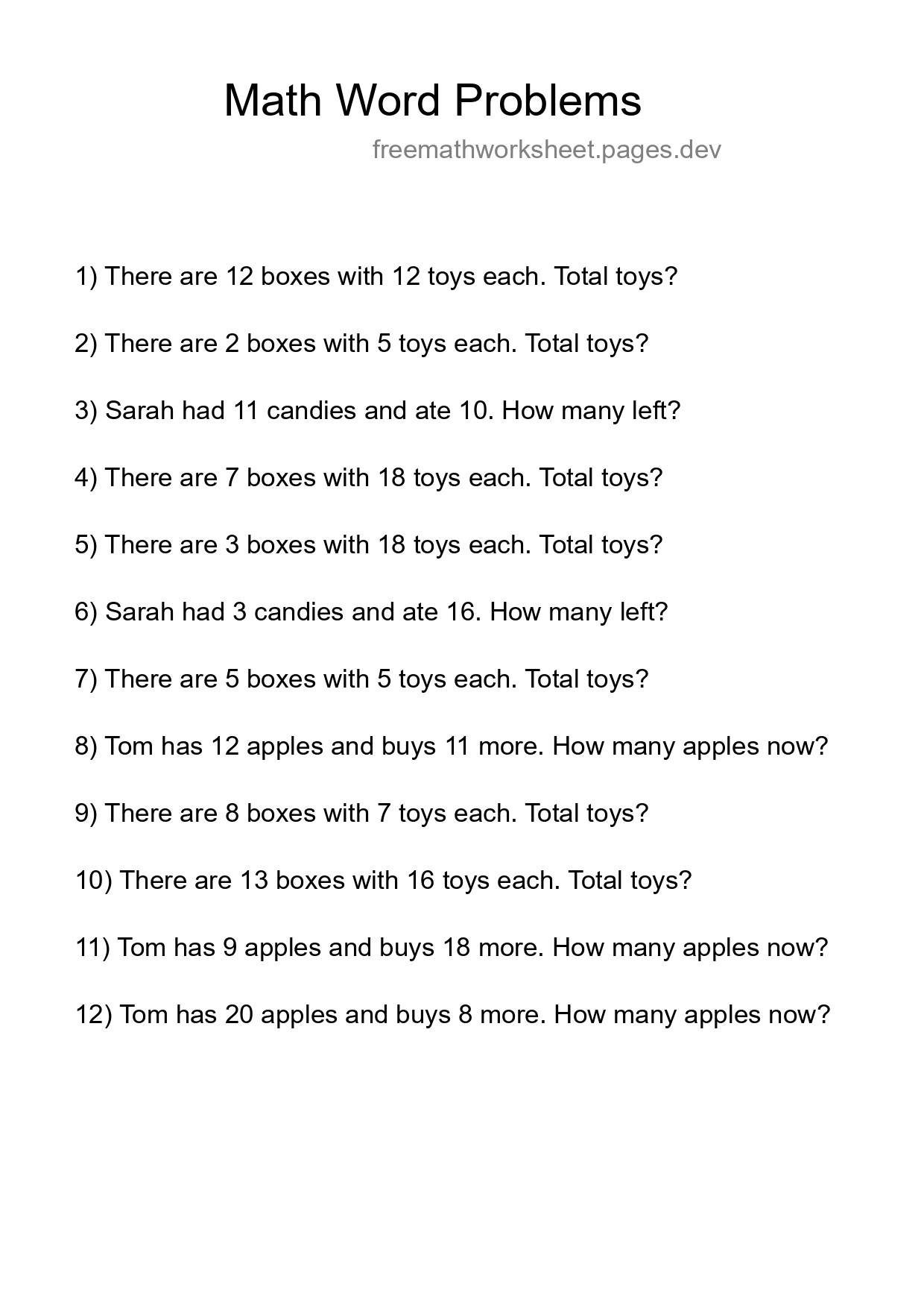 Math Word Problem Worksheet
