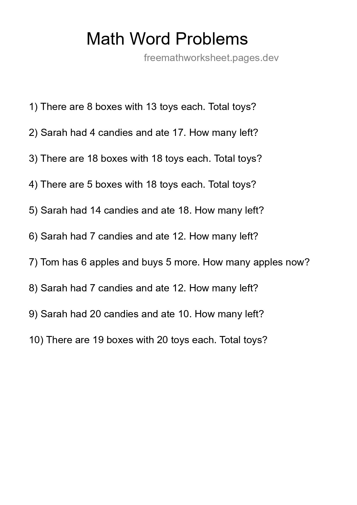 Math Word Problem Worksheet