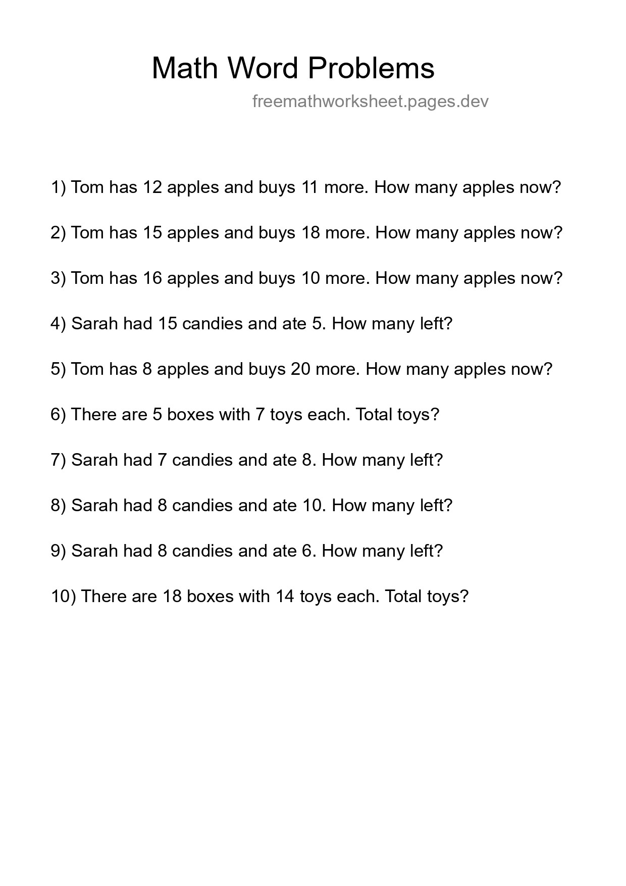 Math Word Problem Worksheet