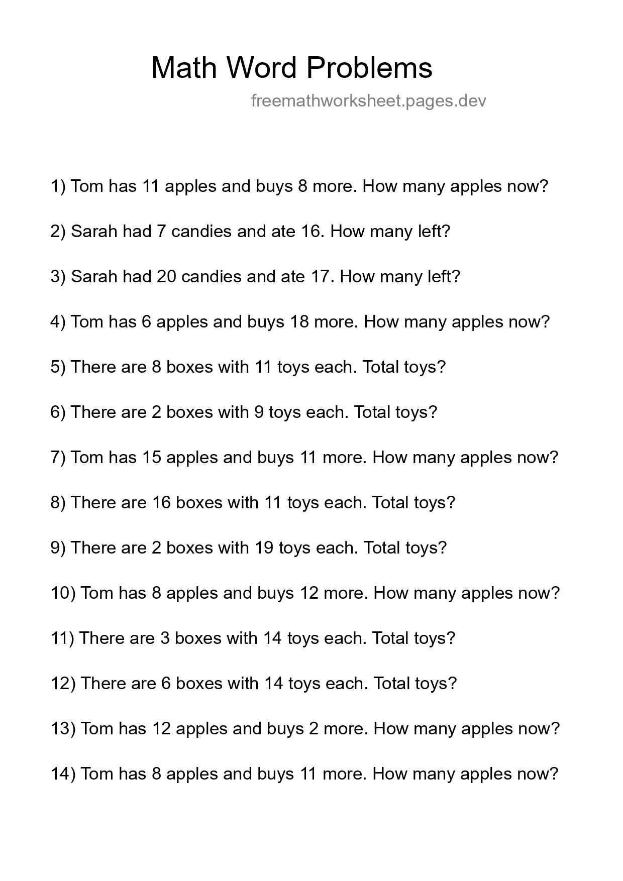 Math Word Problem Worksheet