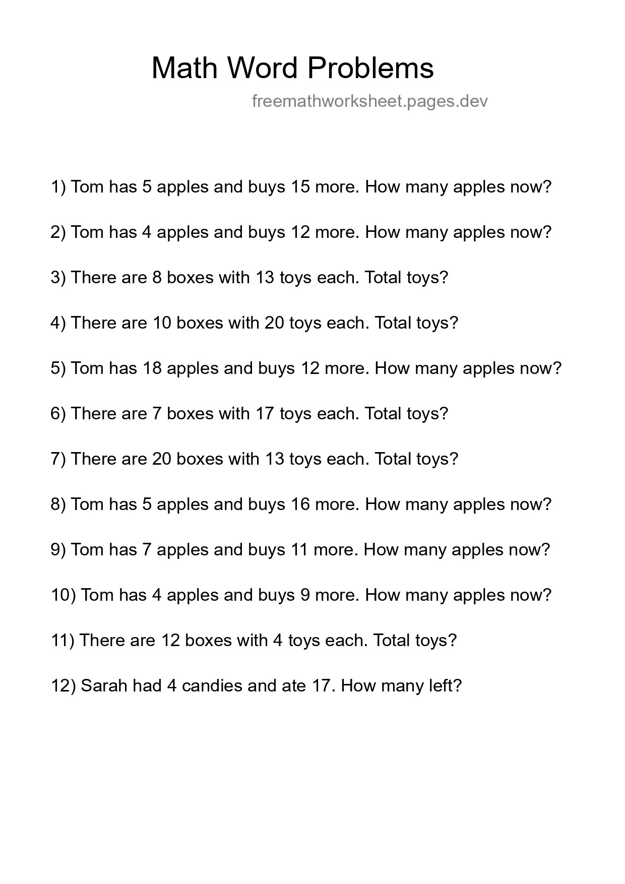 Math Word Problem Worksheet