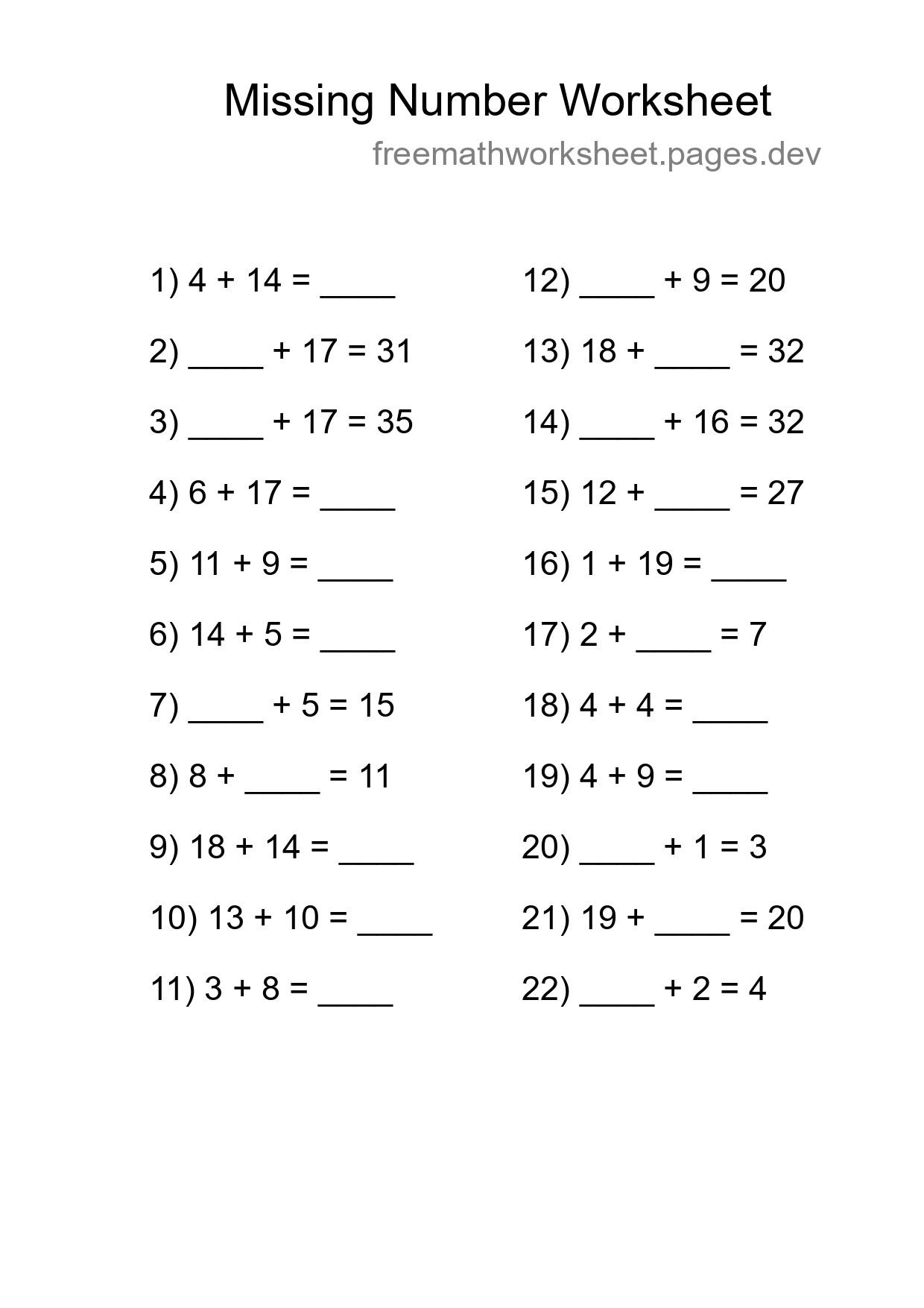 Missing Number Math Worksheet