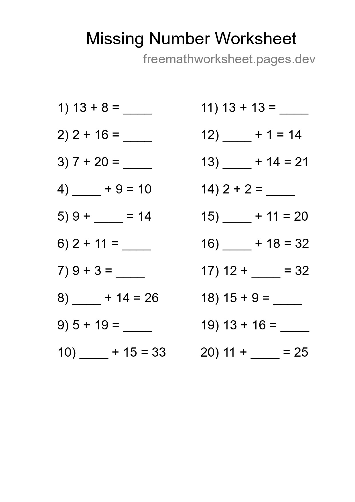 Missing Number Math Worksheet